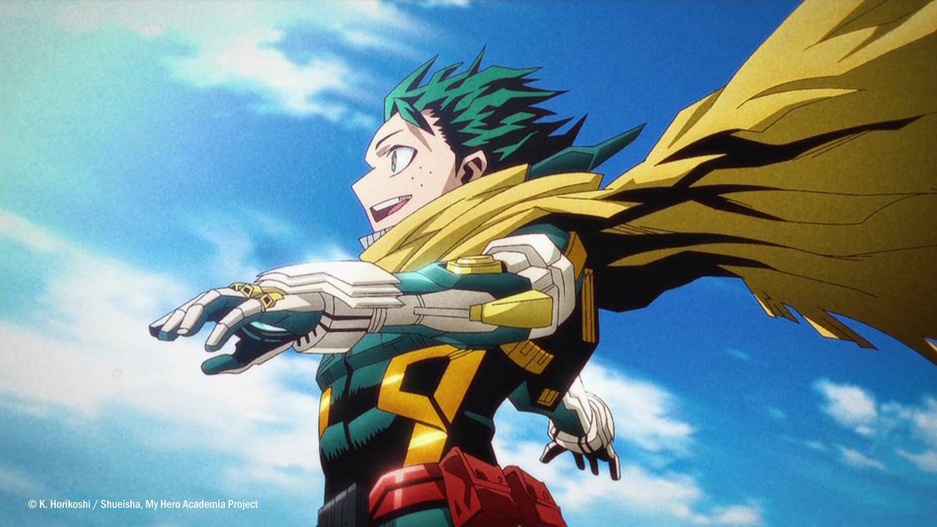 HD PC desktop wallpaper and background of Anime My Hero Academia's Izuku Midoriya in his hero costume and yellow scarf, arms outstretched as he soars against a bright blue sky.