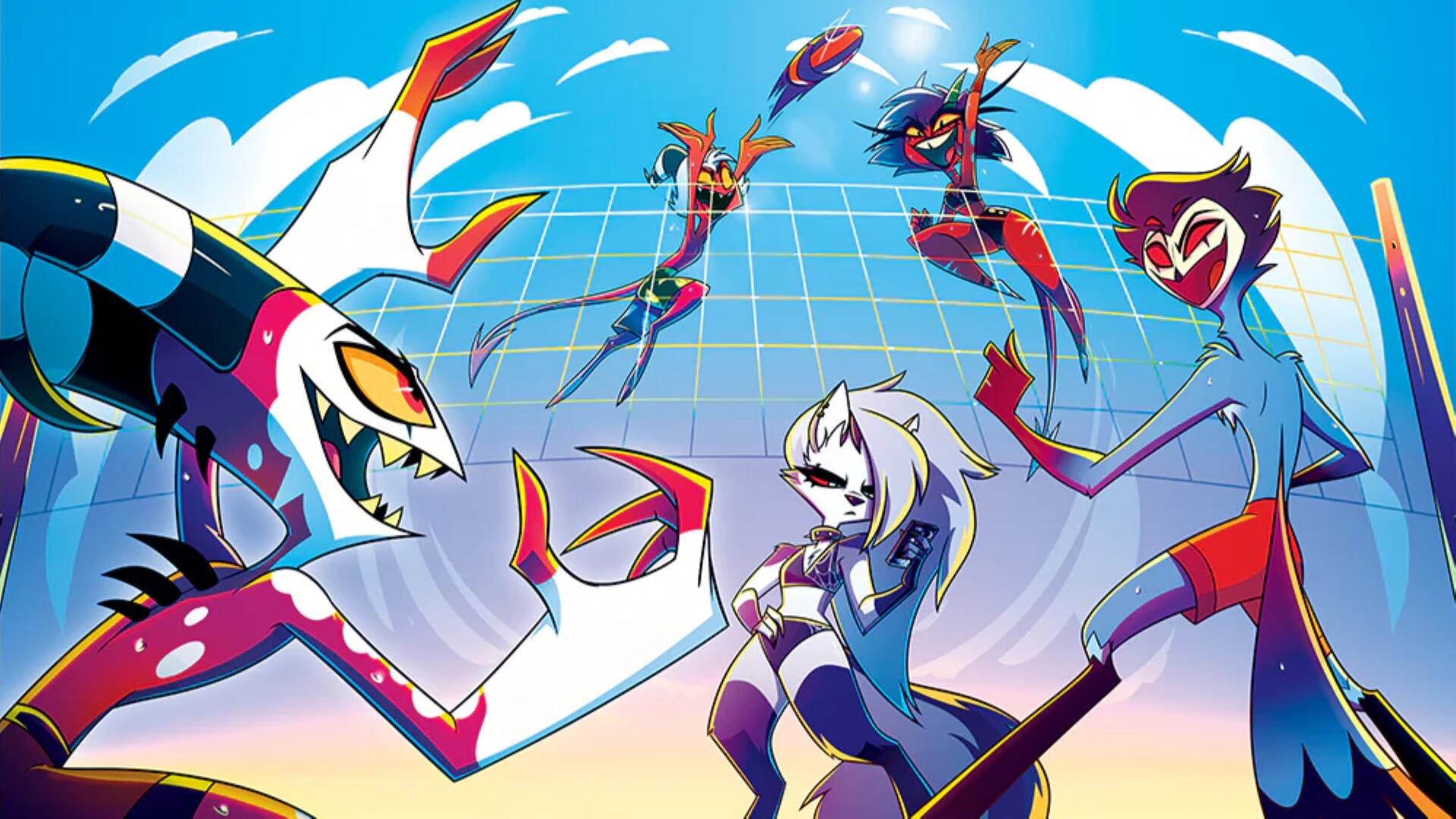 Helluva Boss 2K Quad HD PC desktop wallpaper background: vibrant cartoon demons and a white‑haired protagonist striking poses against a neon grid sky.