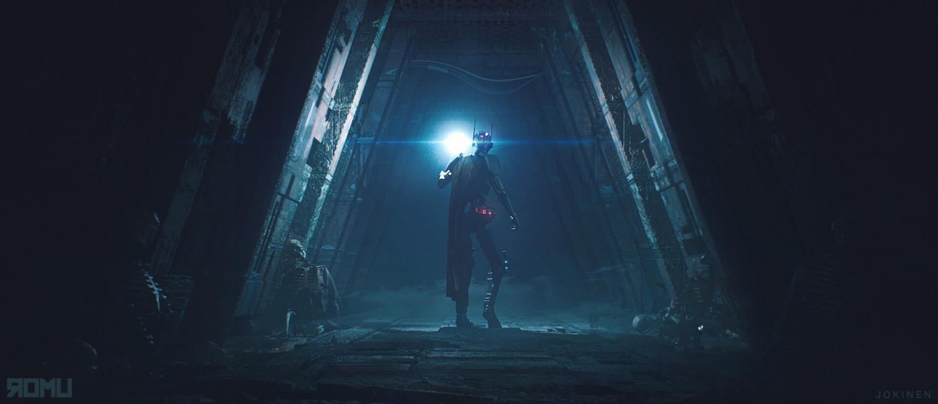 HD PC desktop wallpaper: a dark sci‑fi scene of a skeletal robot standing in an angular corridor, holding a bright blue light that cuts through deep shadows.