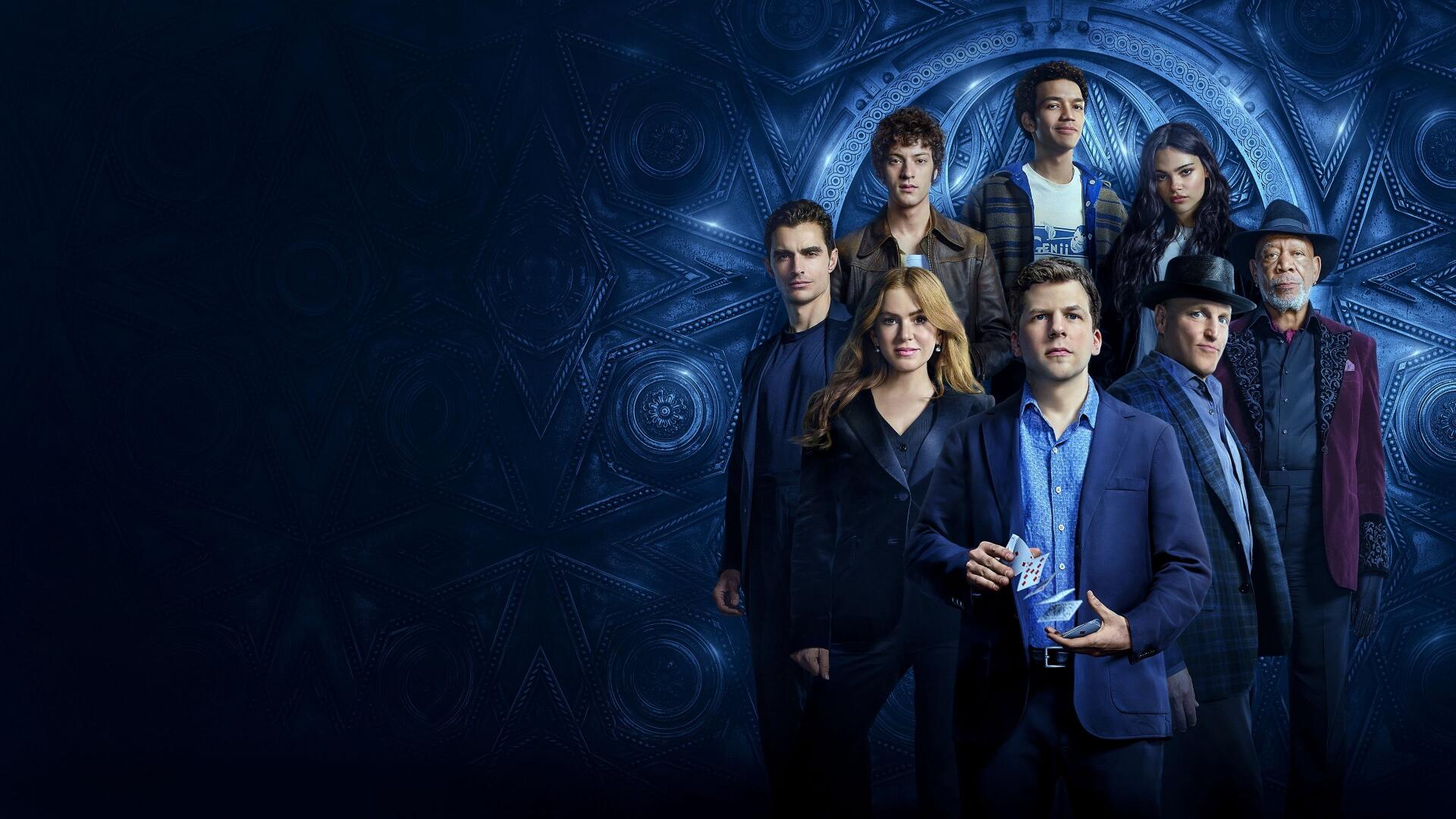 Now You See Me: Now You Don't — 4K Ultra HD PC desktop wallpaper of a blue-lit ensemble of illusionists posed before an ornate circular sigil.