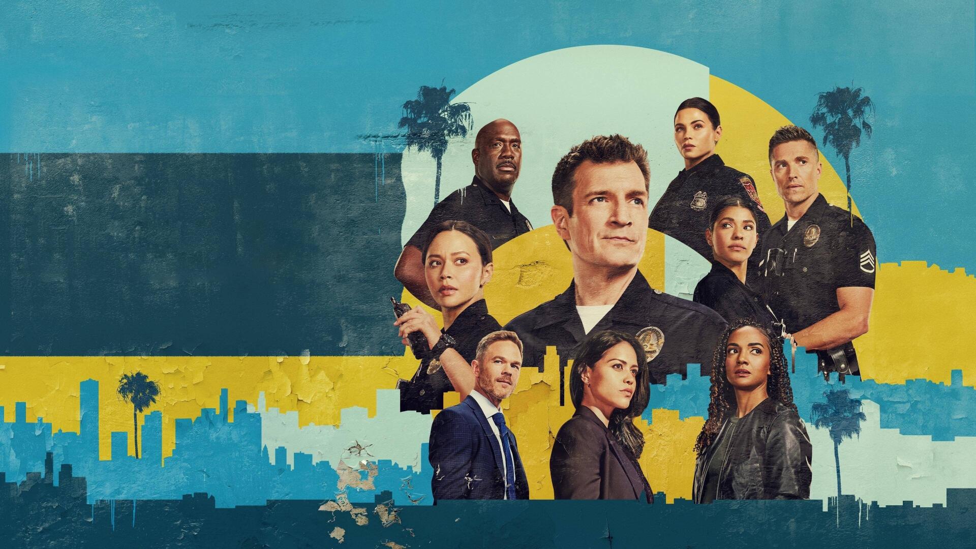 The Rookie — 4K Ultra HD PC desktop wallpaper showing an ensemble of uniformed officers against a stylized city skyline and sunburst backdrop.