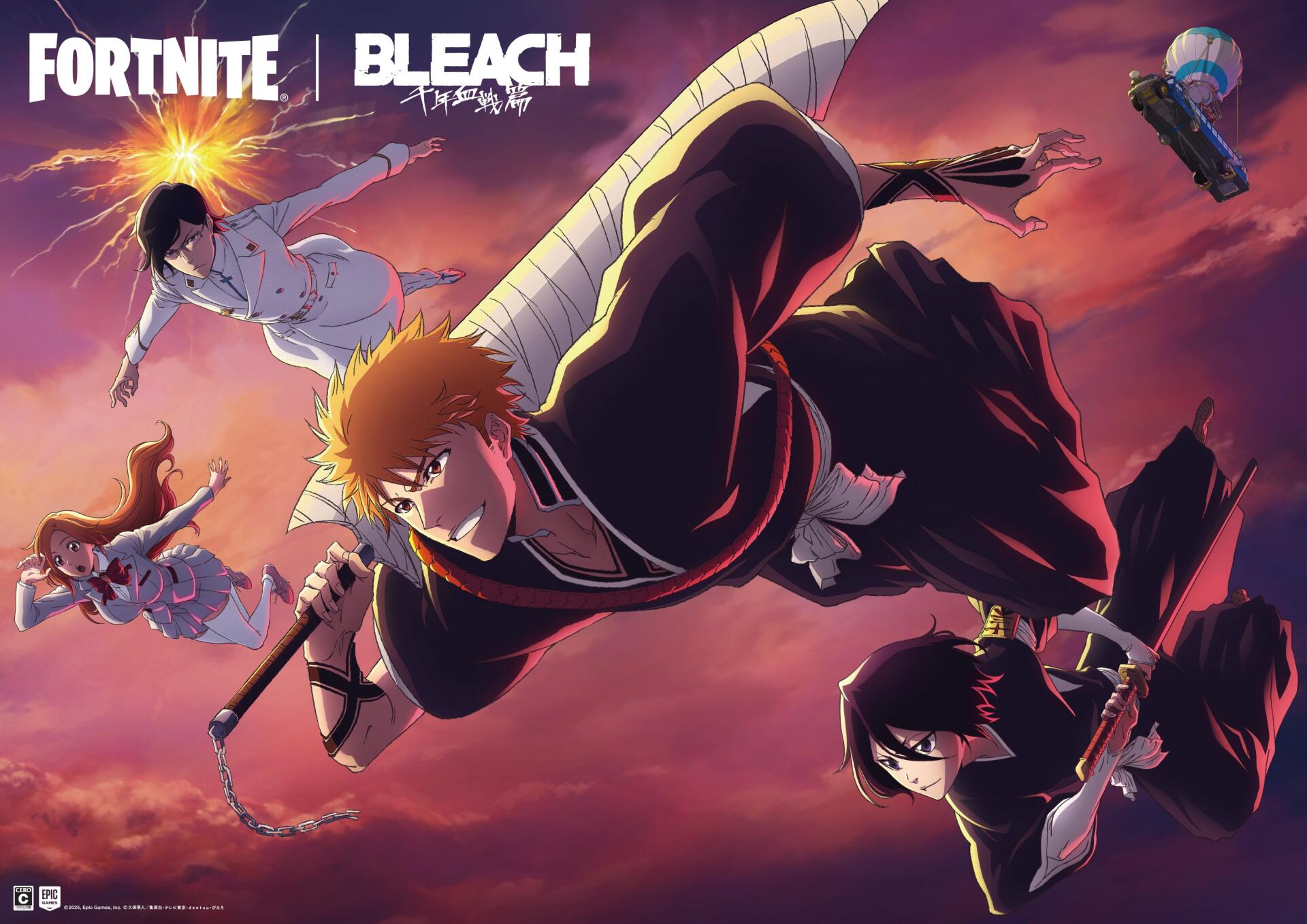 4K Ultra HD PC wallpaper: Fortnite × Bleach anime crossover — Ichigo and Soul Reapers dive through a crimson sky, swords and energy trails streaking across the scene.