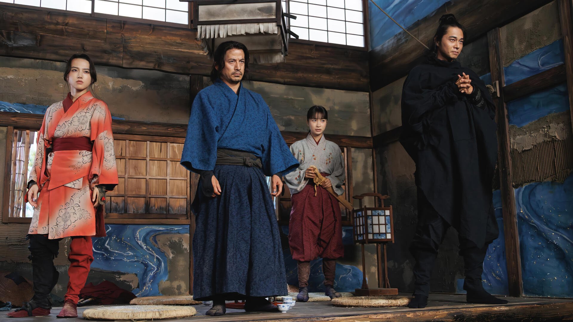 4K Ultra HD PC desktop wallpaper: cast of TV show Last Samurai Standing — four samurai in period costumes stand in a wooden interior, tense and cinematic.
