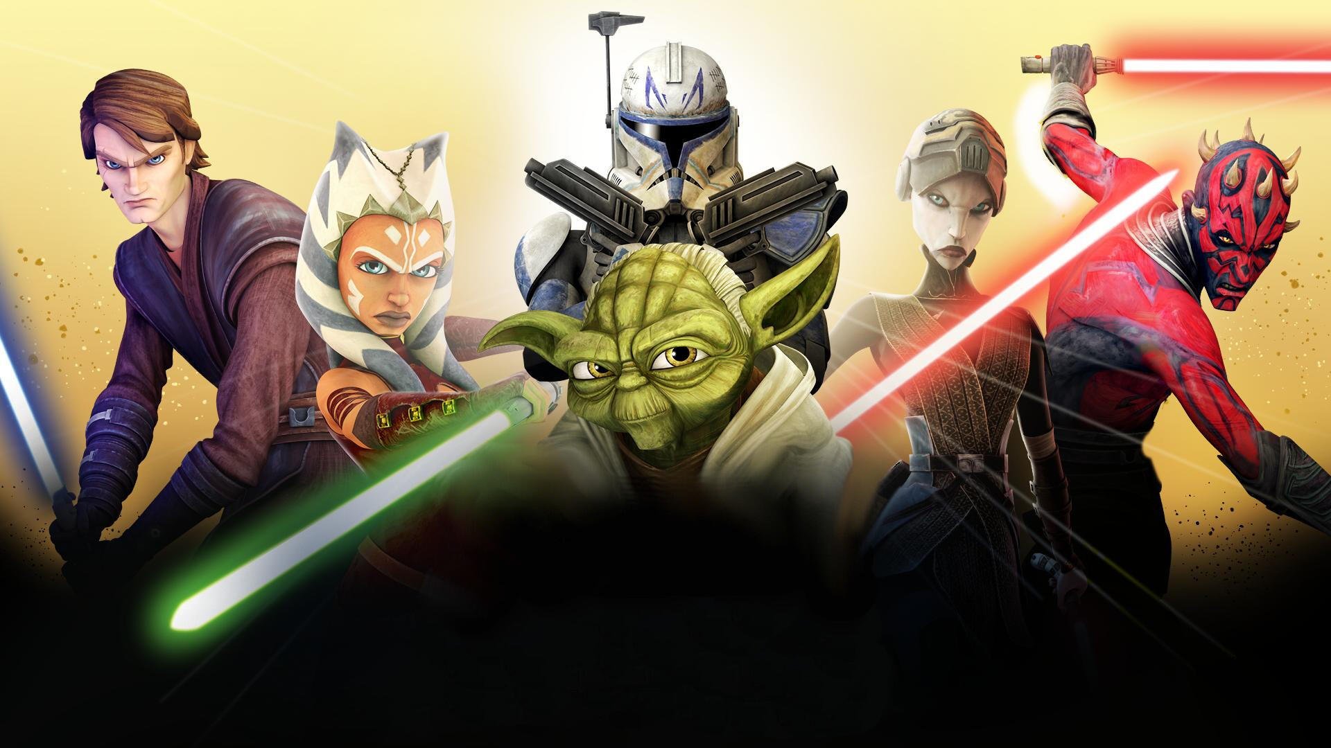 Star Wars: The Clone Wars (2008) HD PC desktop wallpaper/background featuring Anakin Skywalker, Ahsoka Tano, a clone trooper, Yoda, Asajj Ventress and Darth Maul with lightsabers.