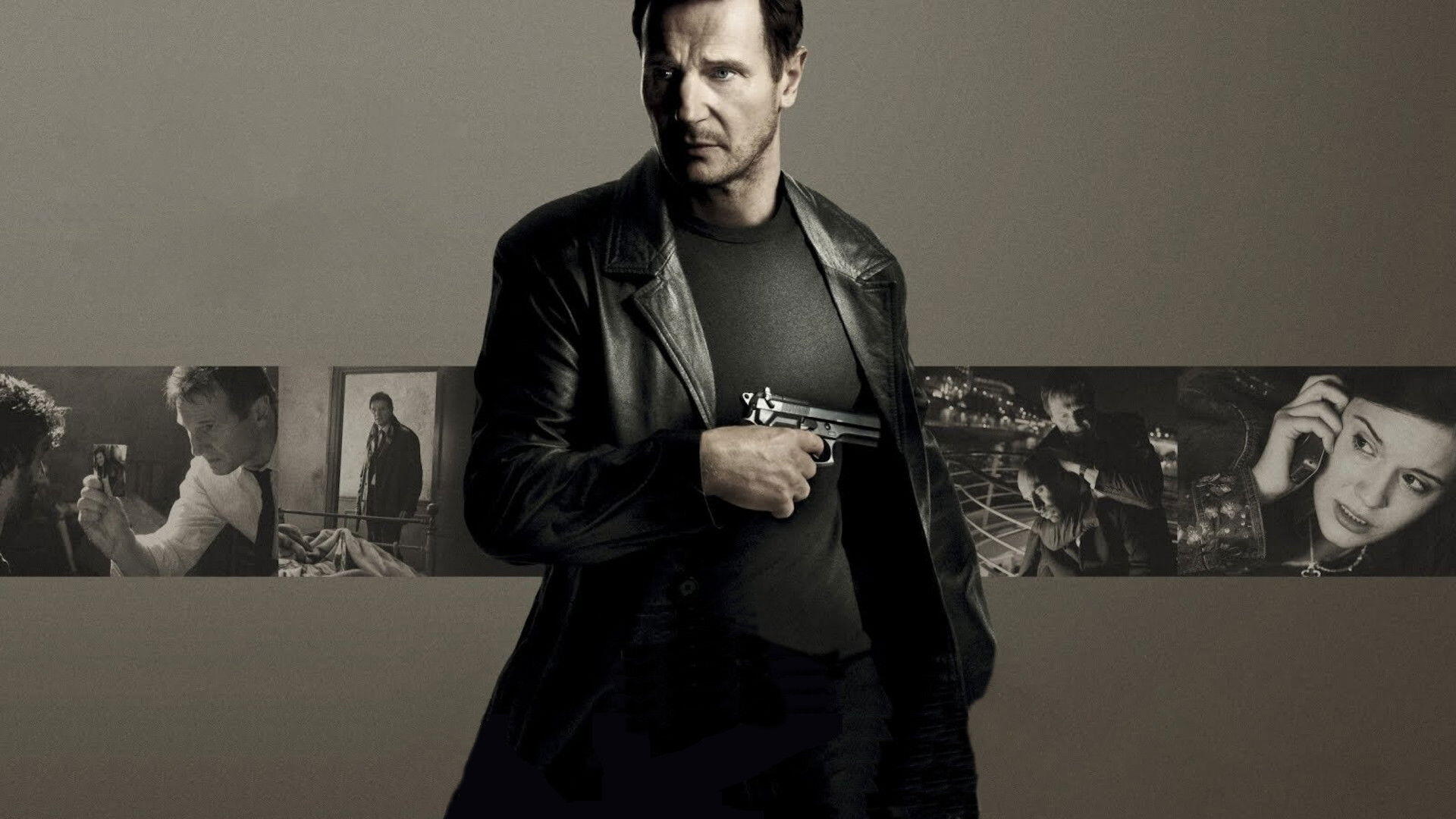 HD PC desktop wallpaper: lone man in a leather jacket holding a pistol, muted tones and a horizontal film-strip of scenes behind him — image tagged taken.