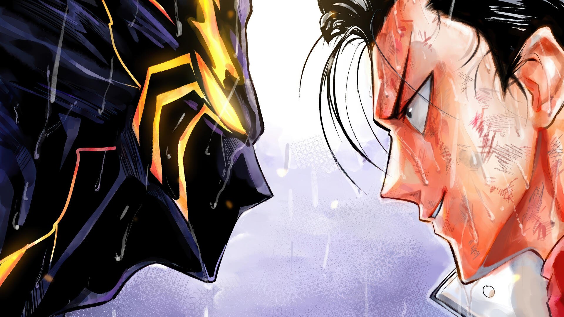 One-Punch Man 4K Ultra HD PC desktop wallpaper showing a tense close-up stare-down between a gold-accented dark masked figure and a bruised, bloodied hero.