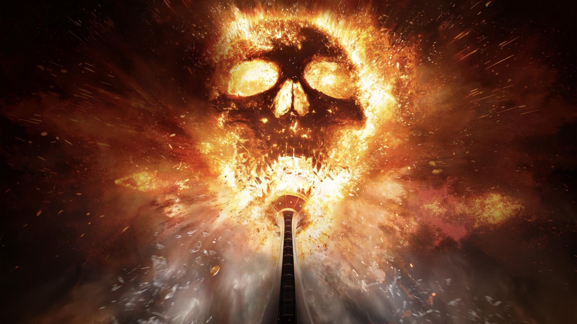 Final Destination: Bloodlines 4K Ultra HD PC wallpaper — blazing skull of fire and ash looms over a lone tower, sparks and smoke spiraling outward.