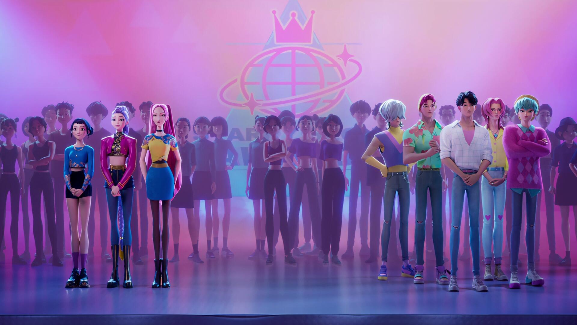 KPop Demon Hunters 2K Quad HD PC desktop wallpaper: neon-lit, stylized K-pop demon hunter group onstage with crown-and-globe emblem and pink-purple haze.