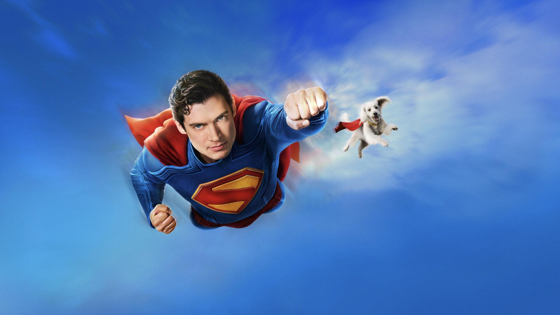 Superman (2025) flying through a bright blue sky with a red cape and a small cape‑wearing dog, 4K Ultra HD PC desktop wallpaper/background.