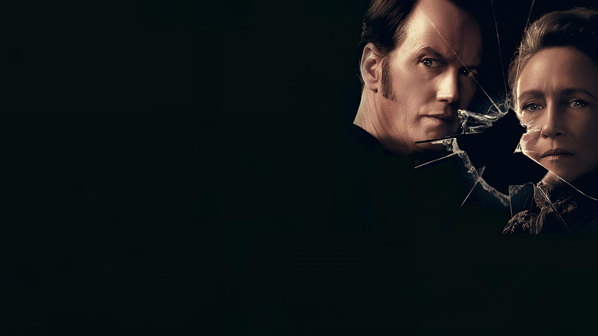 4K Ultra HD PC desktop wallpaper for The Conjuring: Last Rites — two pale faces emerge from shadow beside a spiderweb-like crack on a deep black background.