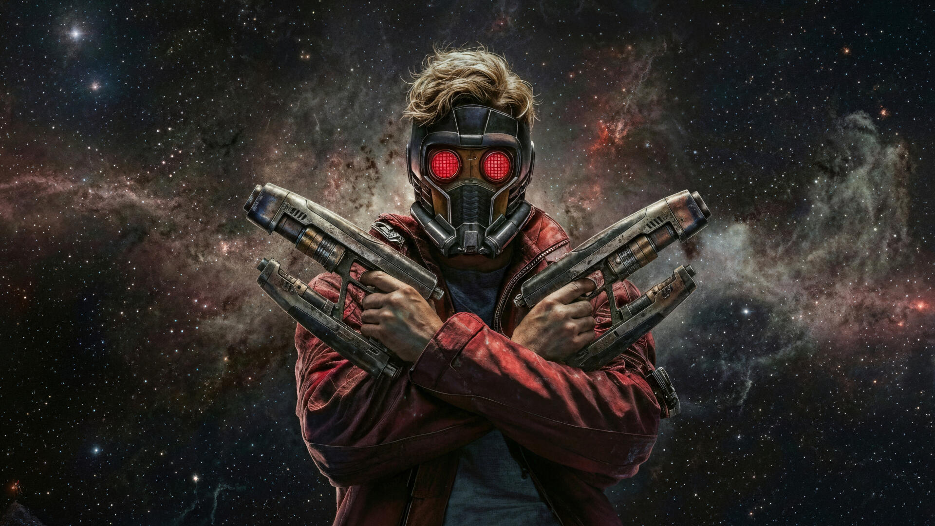 Star-Lord in a red jacket and mask, crossed pistols glowing red against a swirling nebula and starfield — 4K Ultra HD PC desktop wallpaper/background.