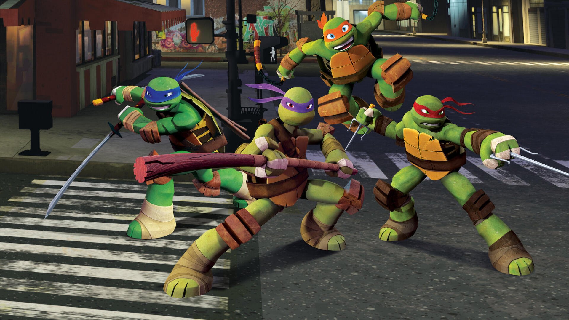 Teenage Mutant Ninja Turtles (2012) HD PC desktop wallpaper and background: Leonardo, Donatello, Michelangelo and Raphael brandish weapons, striking action poses on a night city street.