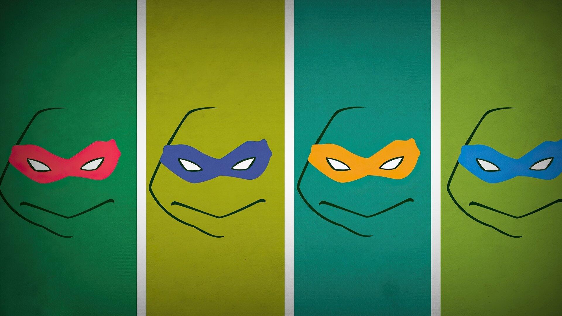HD PC desktop wallpaper: minimalist Teenage Mutant Ninja Turtles (2003) design with four vertical panels showing stylized turtle faces and red, purple, orange, and blue masks.