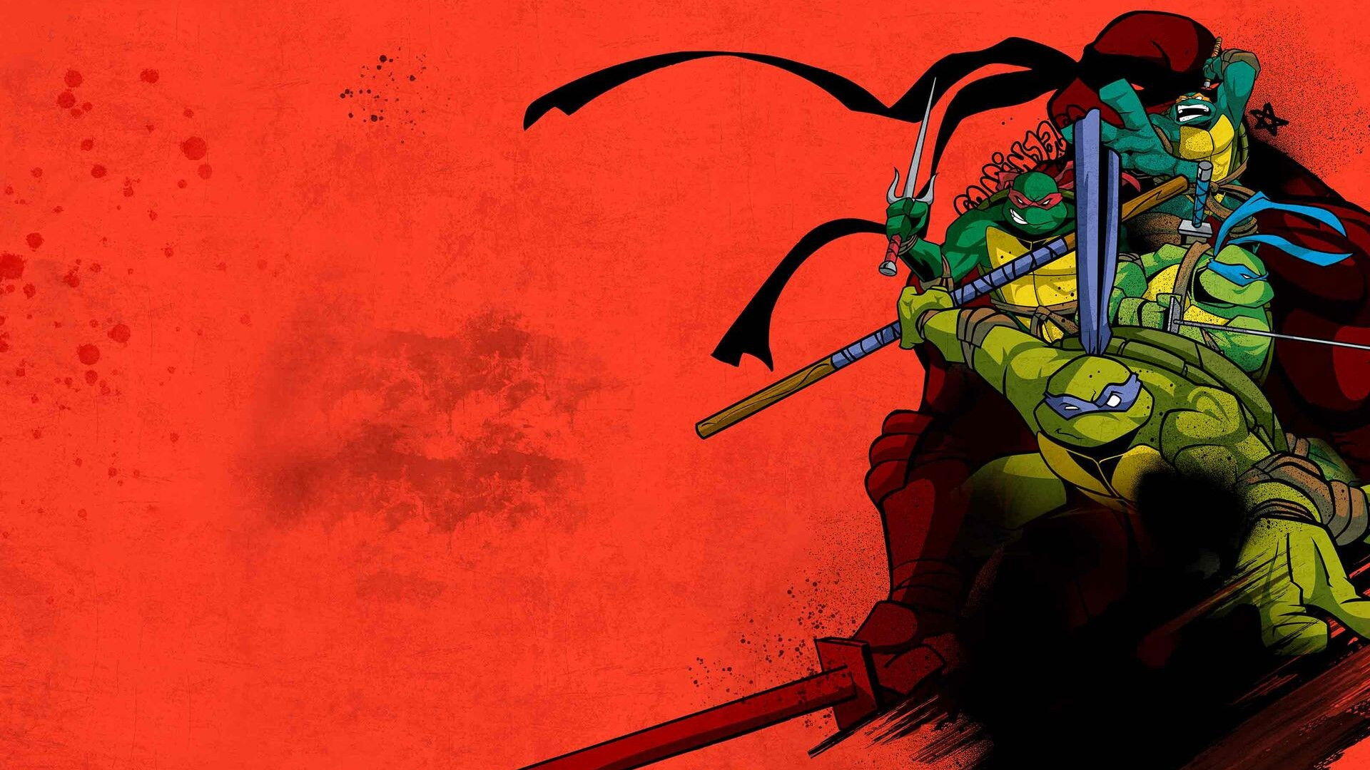 Teenage Mutant Ninja Turtles (2003) HD PC desktop wallpaper showing the four turtles clustered on a rock at right, weapons ready against a bold red background.