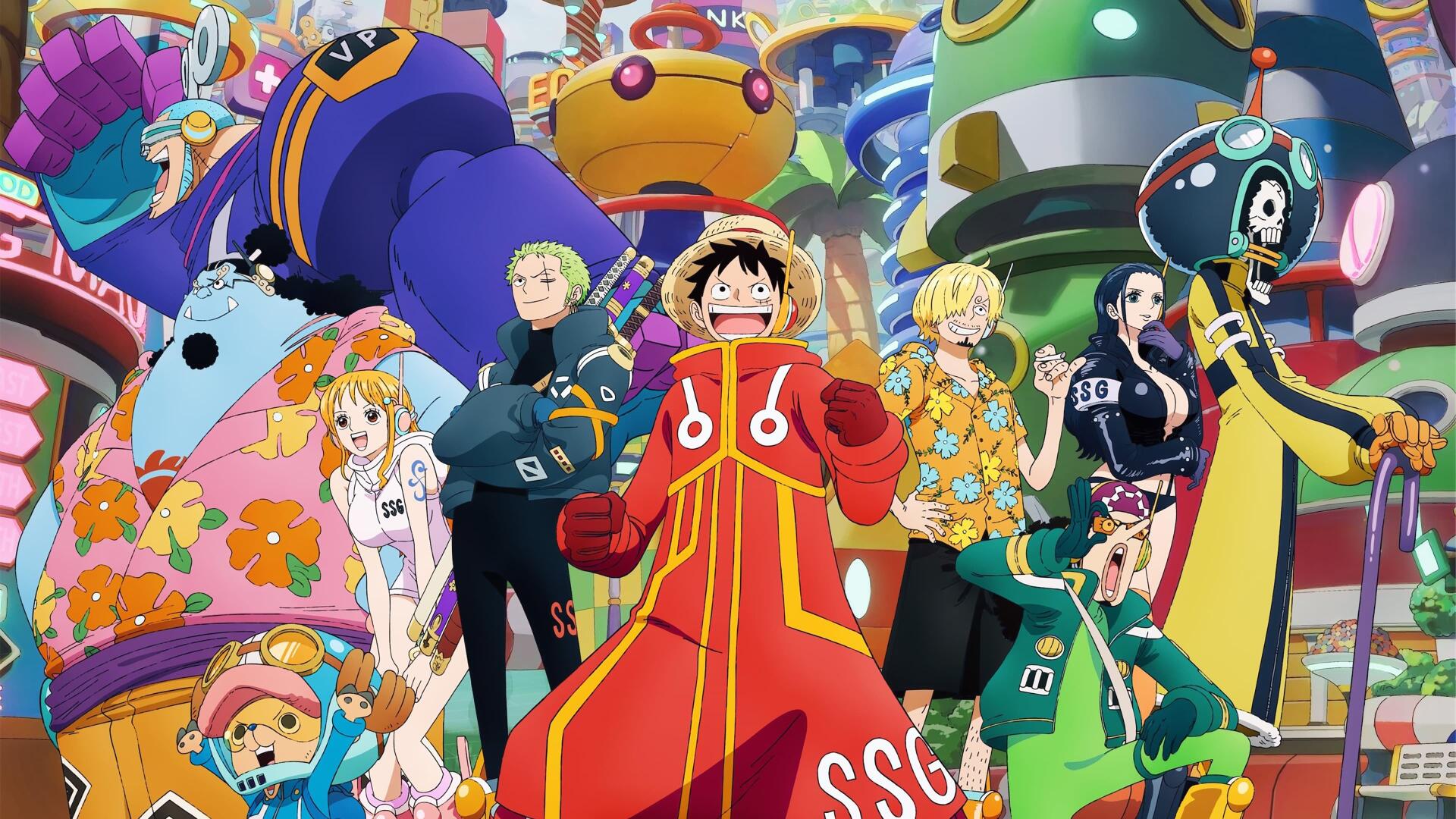 Vibrant One Piece scene with Luffy and the Straw Hat crew posing amid a colorful futuristic city — 4K Ultra HD PC desktop wallpaper and background.