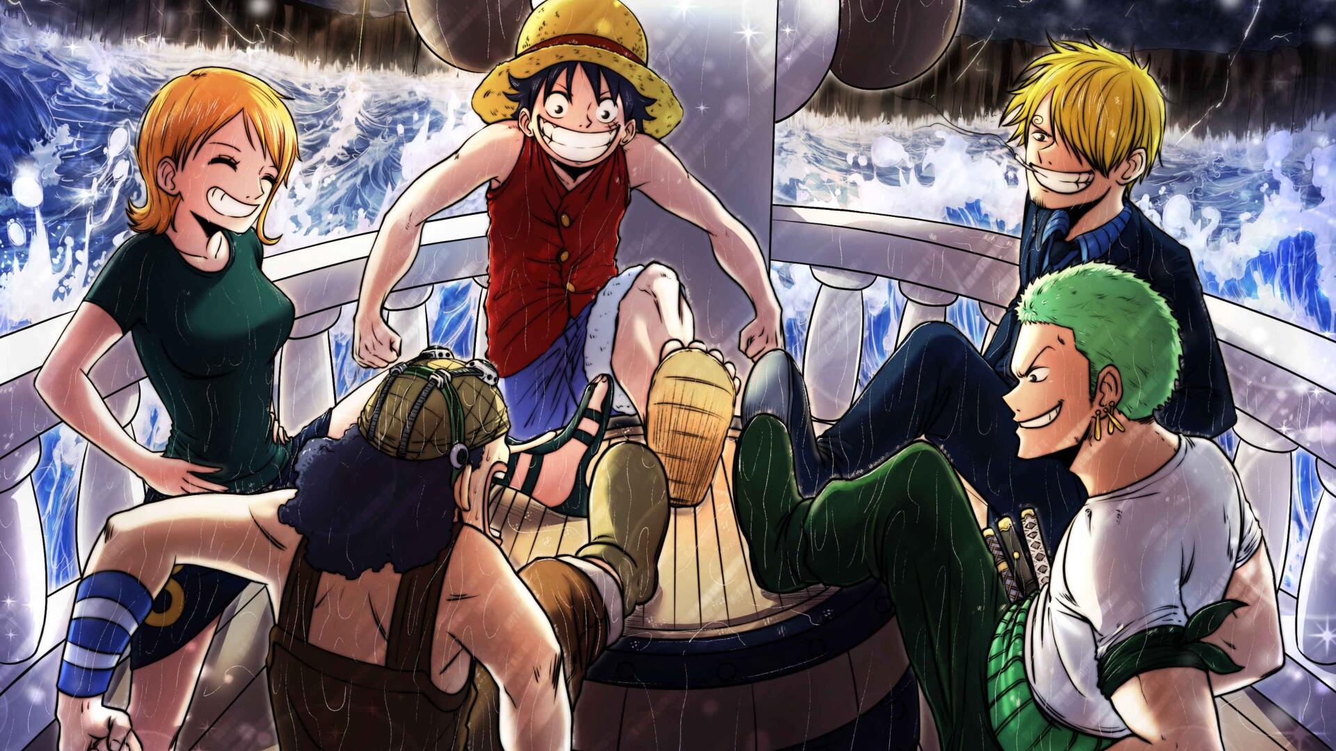 One Piece Straw Hat crew—Luffy, Nami, Sanji, Zoro and Usopp—laughing on a stormy ship deck, 4K Ultra HD PC desktop wallpaper background.