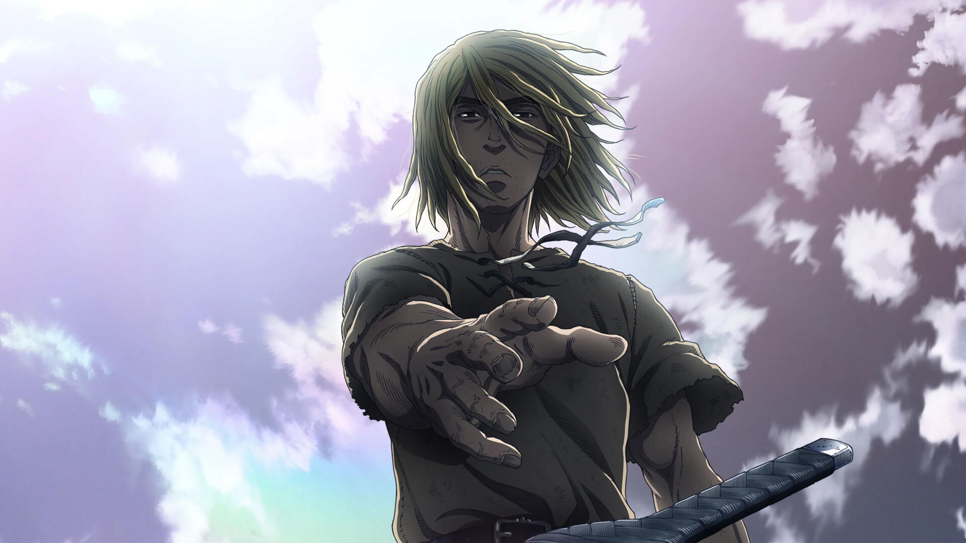 Vinland Saga 4K Ultra HD PC desktop wallpaper and background: low-angle view of a blond warrior reaching forward, wind-swept hair, sword at his hip under a dramatic cloudy sky.