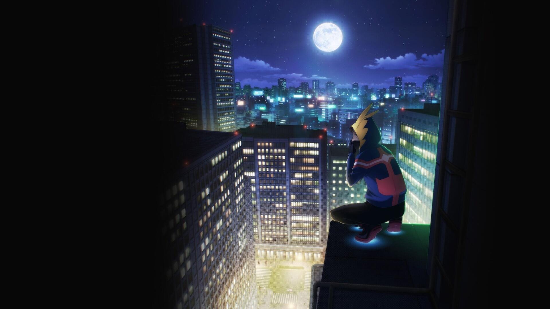 My Hero Academia: Vigilantes HD PC desktop wallpaper and background — a lone vigilante sits on a rooftop, gazing across a neon-lit city under a full moon.