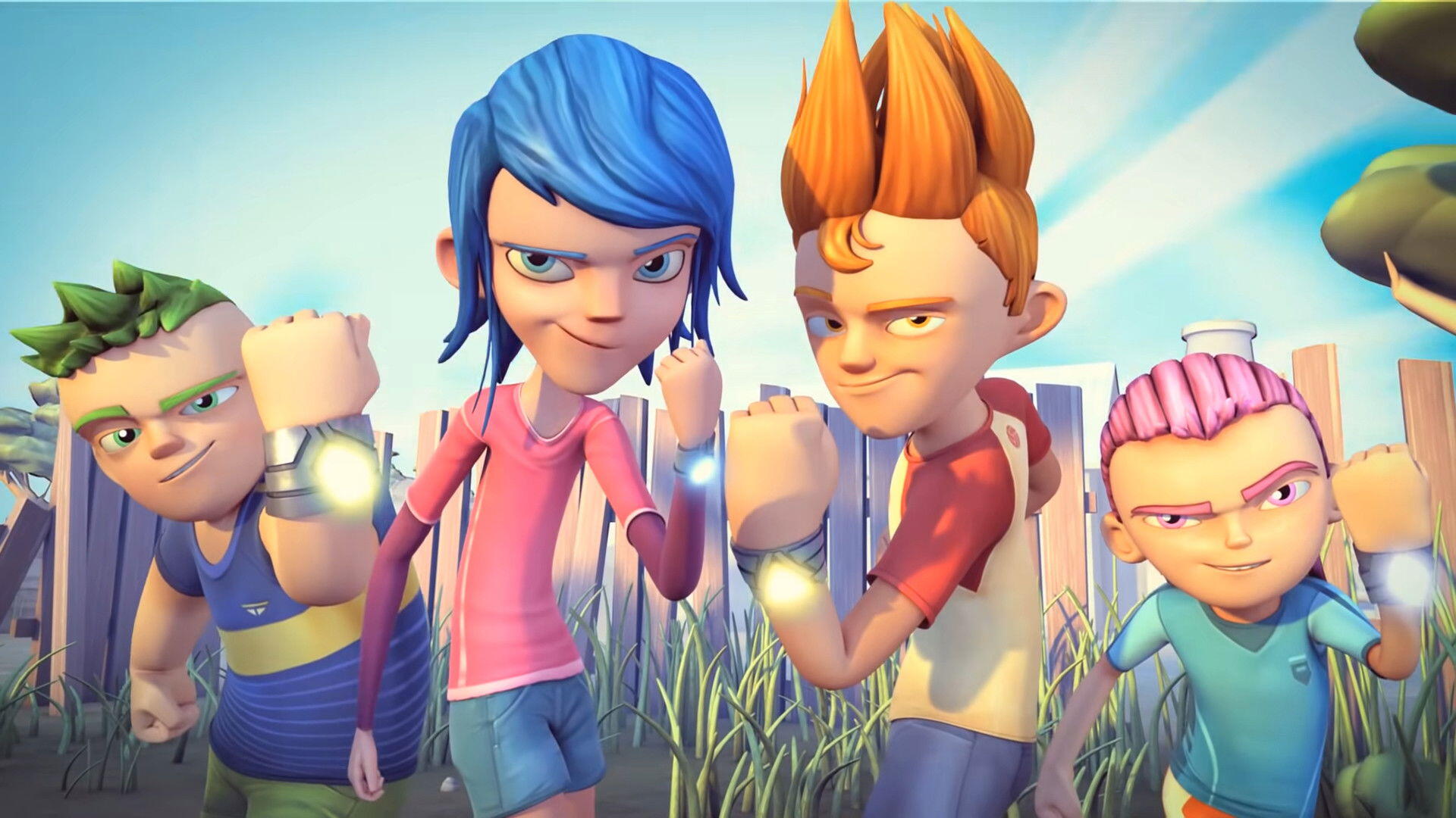 Sendokai Champions HD PC desktop wallpaper and background: four animated young champions with glowing wrist bands pose in tall grass under a bright, clear sky.