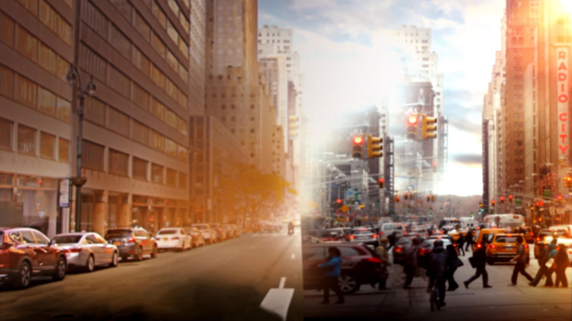 IF (2024) 4K Ultra HD PC Desktop Wallpaper and Background — split urban street: left sunlit, nearly empty lane; right crowded crosswalk with taxis, pedestrians and city traffic.