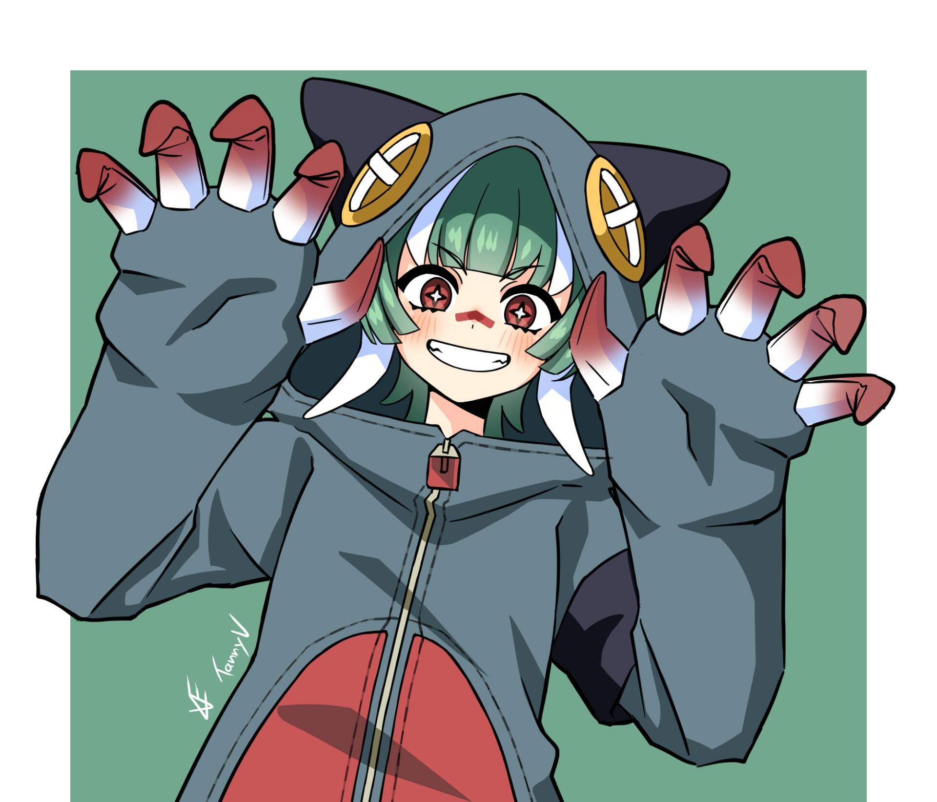 Anime-style Gachiakuta Guita Heavy Fantasia character grinning with green hair and oversized paw-like hoodie claws, HD PC desktop wallpaper/background.