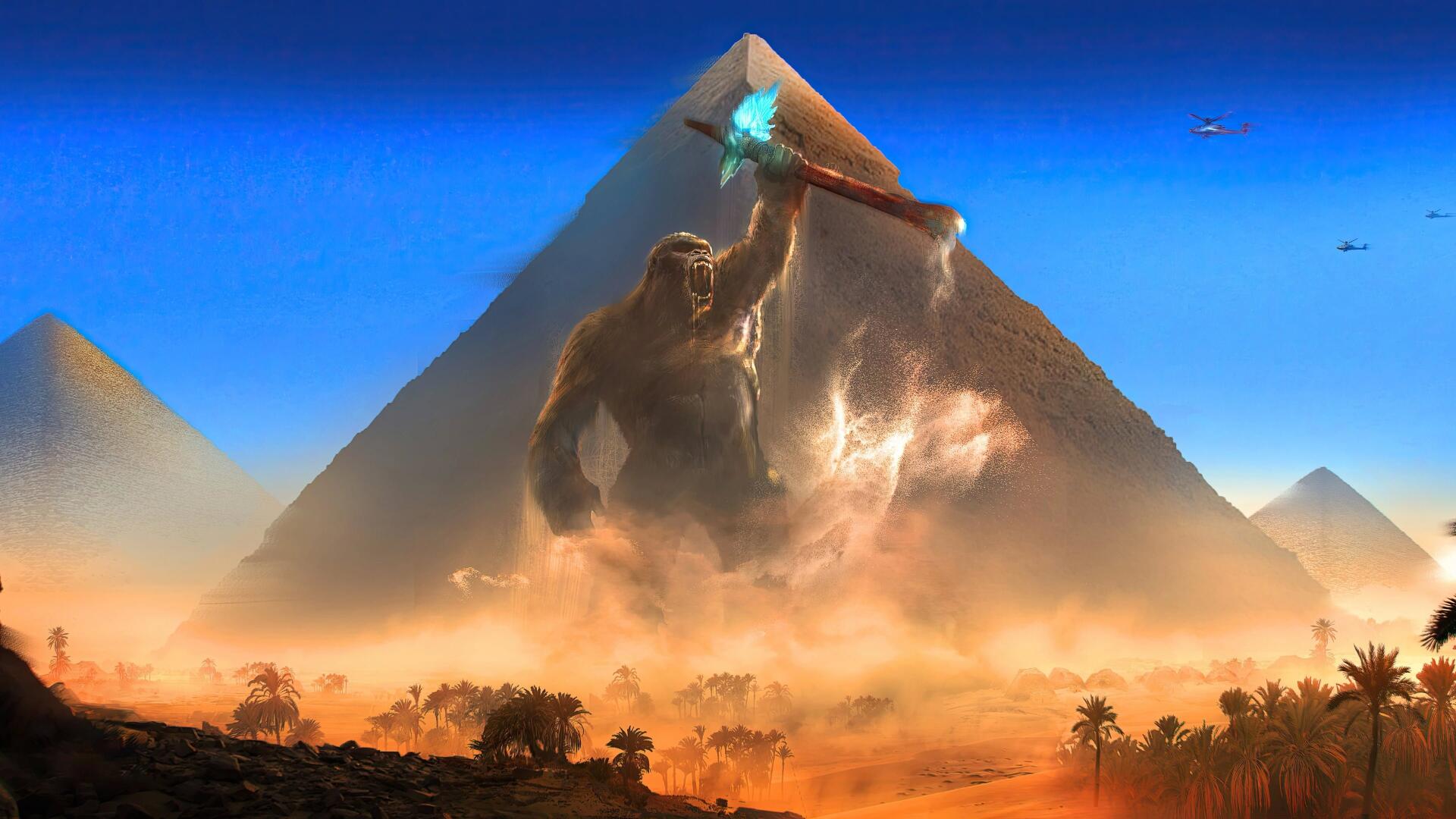 Godzilla x Kong: The New Empire 4K Ultra HD PC wallpaper - towering Kong wielding a glowing warclub before a pyramid in a dust-choked desert under a vivid blue sky.