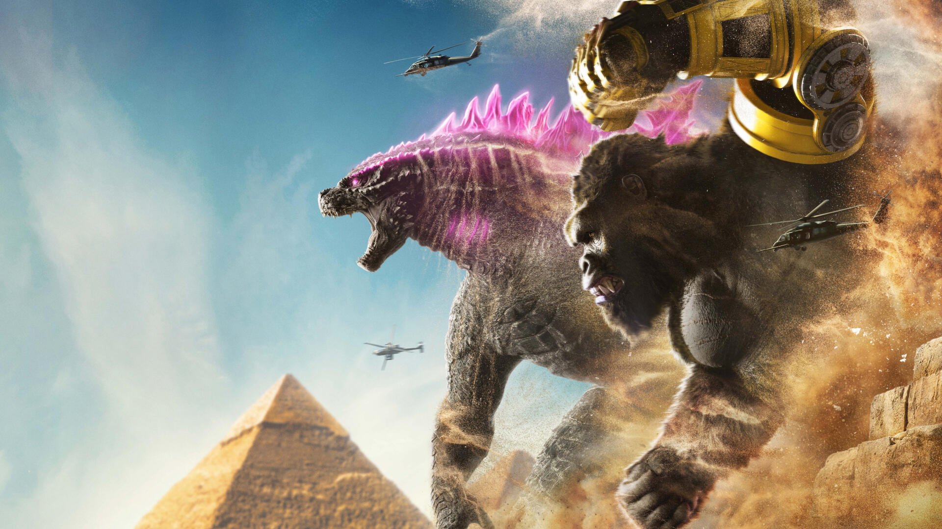 Godzilla x Kong: The New Empire 4K Ultra HD PC desktop wallpaper and background — glowing-spined Godzilla and armored Kong charge past pyramids as helicopters circle overhead.