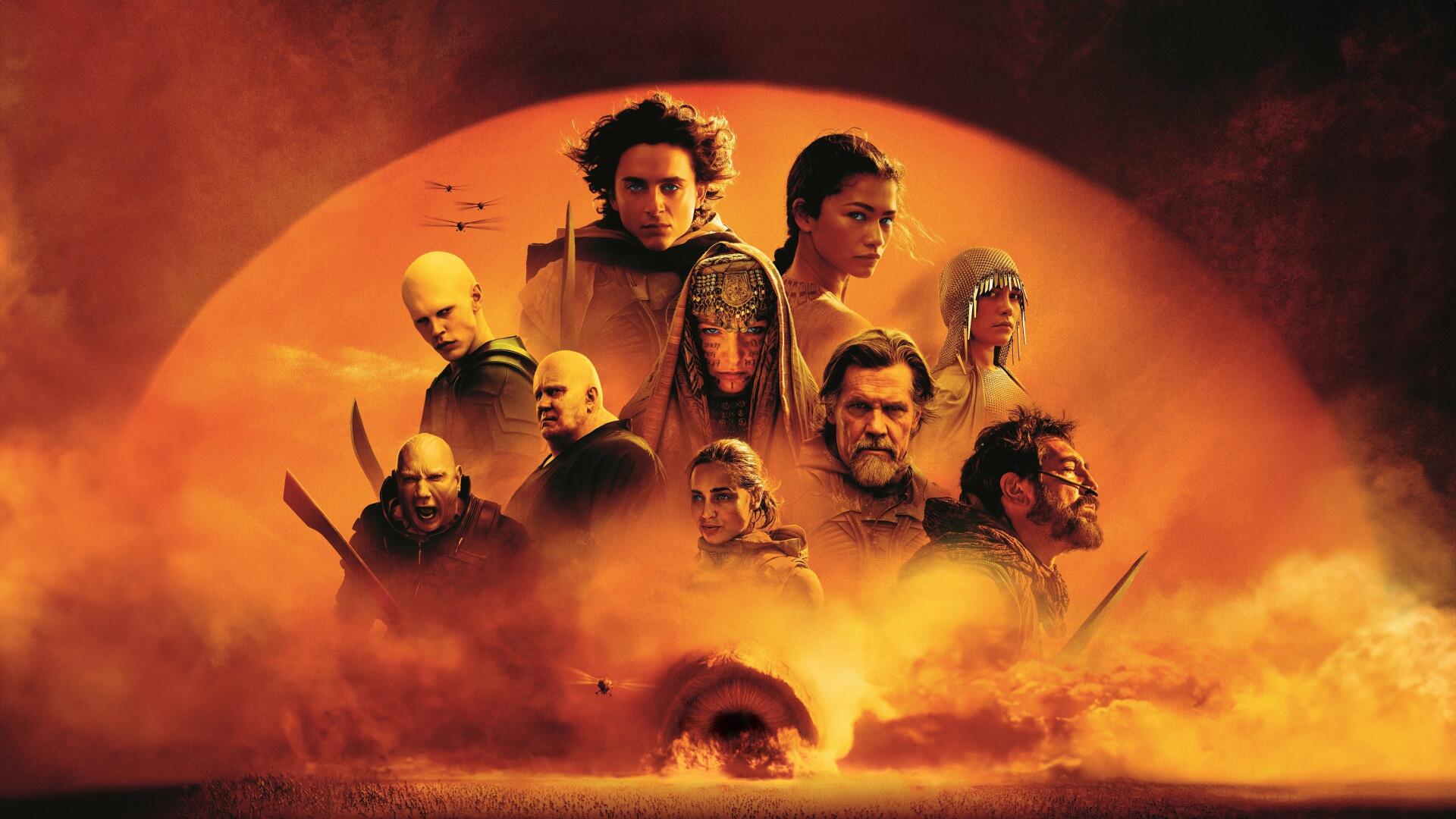Dune: Part Two 4K Ultra HD PC desktop wallpaper — ensemble of characters framed by a giant orange sun over stormy desert sands with a sandworm.