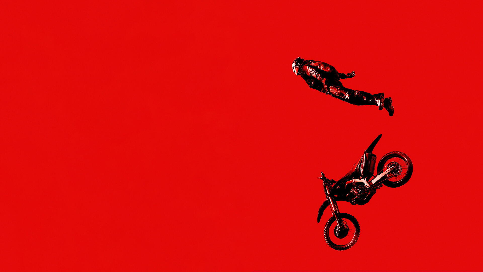 Mission: Impossible - Dead Reckoning Part One 4K Ultra HD PC desktop wallpaper: silhouette of a falling stunt rider above a tumbling motorcycle on a vivid red background.