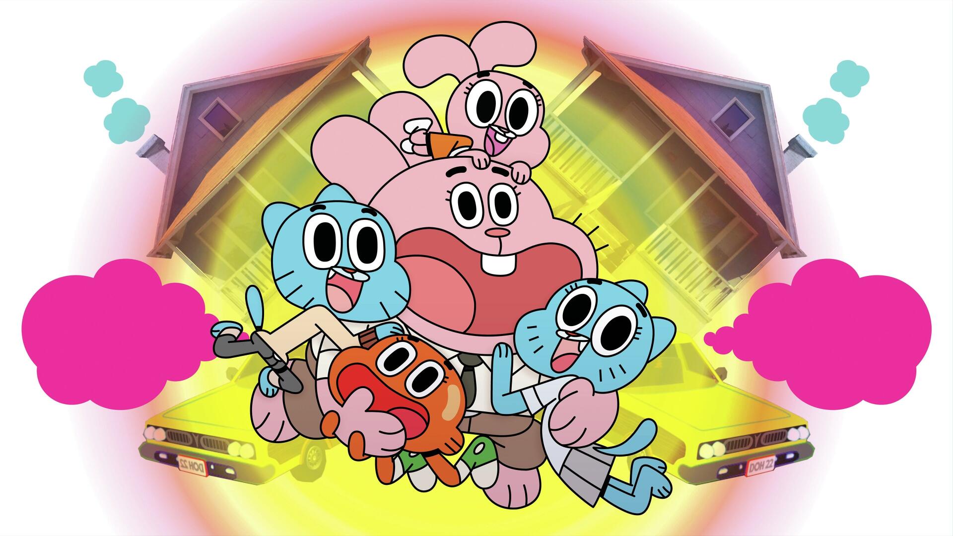 4K Ultra HD PC desktop wallpaper of The Amazing World of Gumball: Gumball, Darwin, Anais and Richard cheerfully posing amid neon geometric shapes and pink cloud accents.