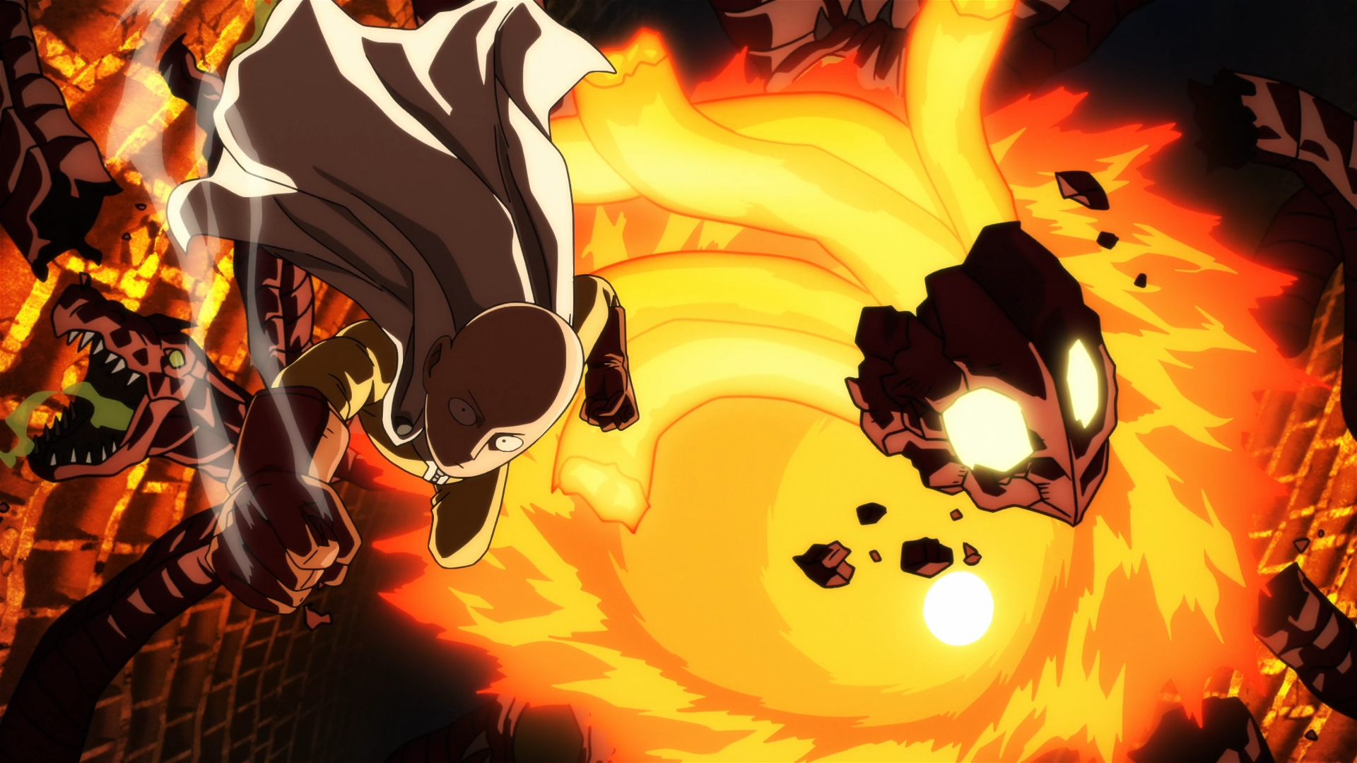 HD anime desktop wallpaper: Saitama (One-Punch Man) launches a blazing punch with cape billowing into an exploding orange vortex as he clashes with Ruri Dragon.