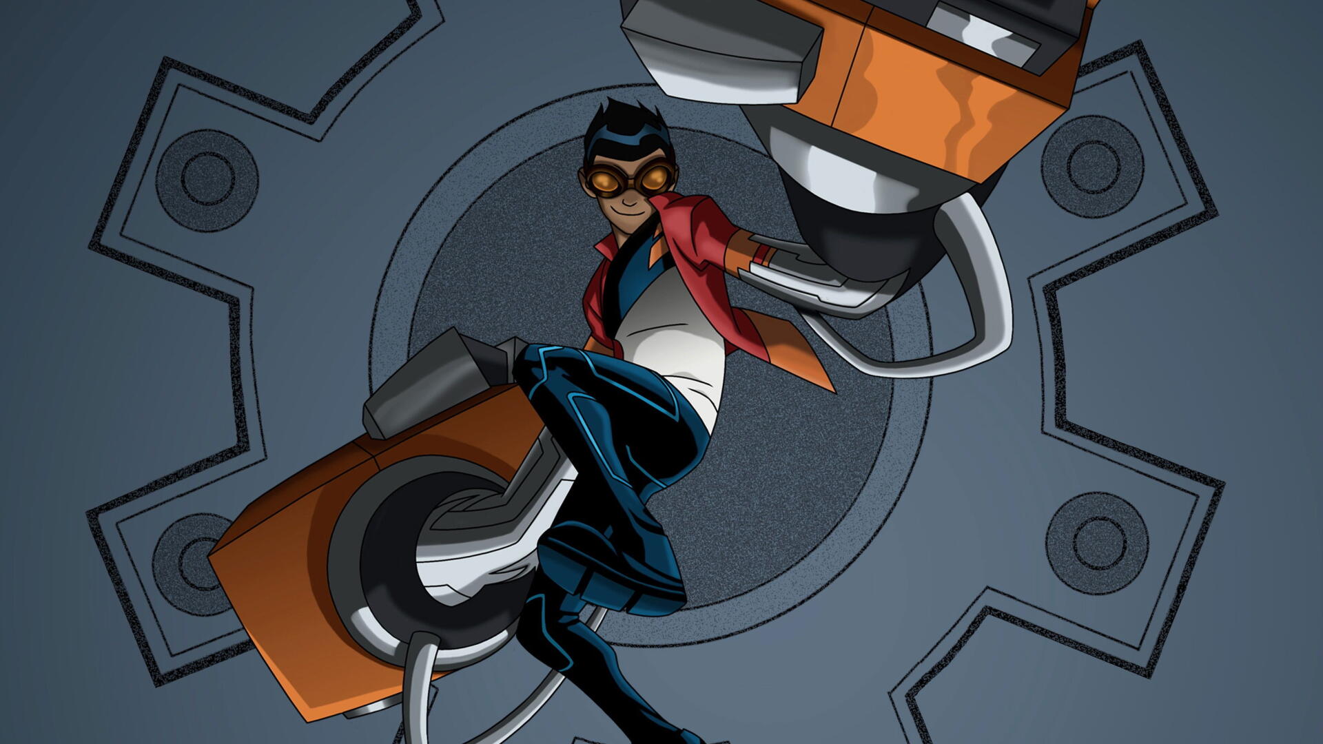 Generator Rex leaping with mechanical arm-extensions and orange gauntlets against a stylized gear motif — 2K Quad HD PC desktop wallpaper/background.
