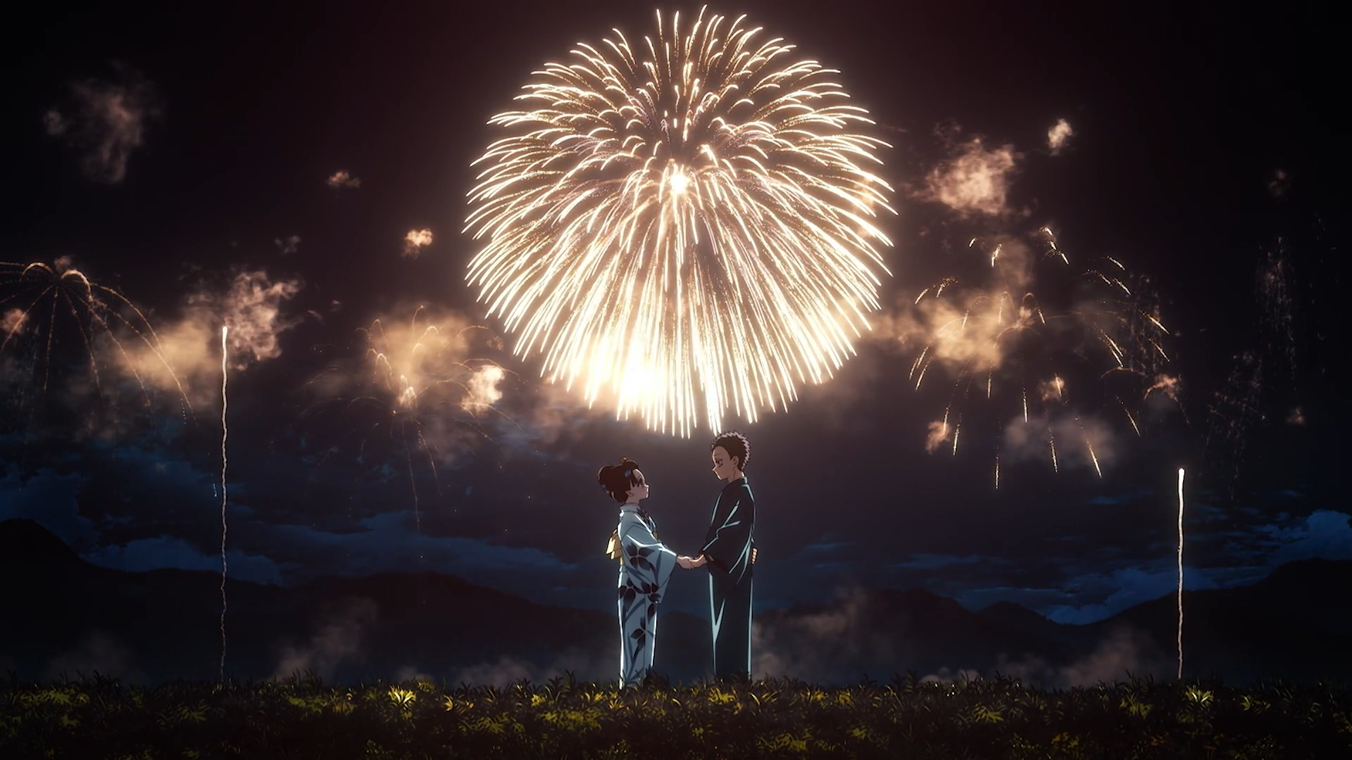 Anime HD PC desktop wallpaper from Demon Slayer: Kimetsu no Yaiba — two characters in kimonos hold hands in a moonlit field beneath a giant golden firework.