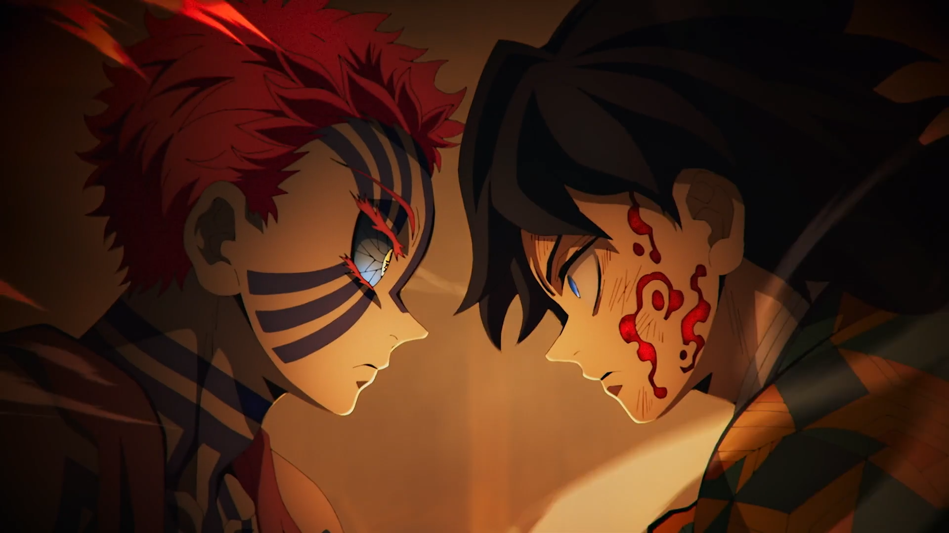 HD PC desktop wallpaper/background of Anime Demon Slayer: Kimetsu no Yaiba showing Giyuu Tomioka and demon Akaza in a tense close-up stare, bloodied faces and dramatic lighting