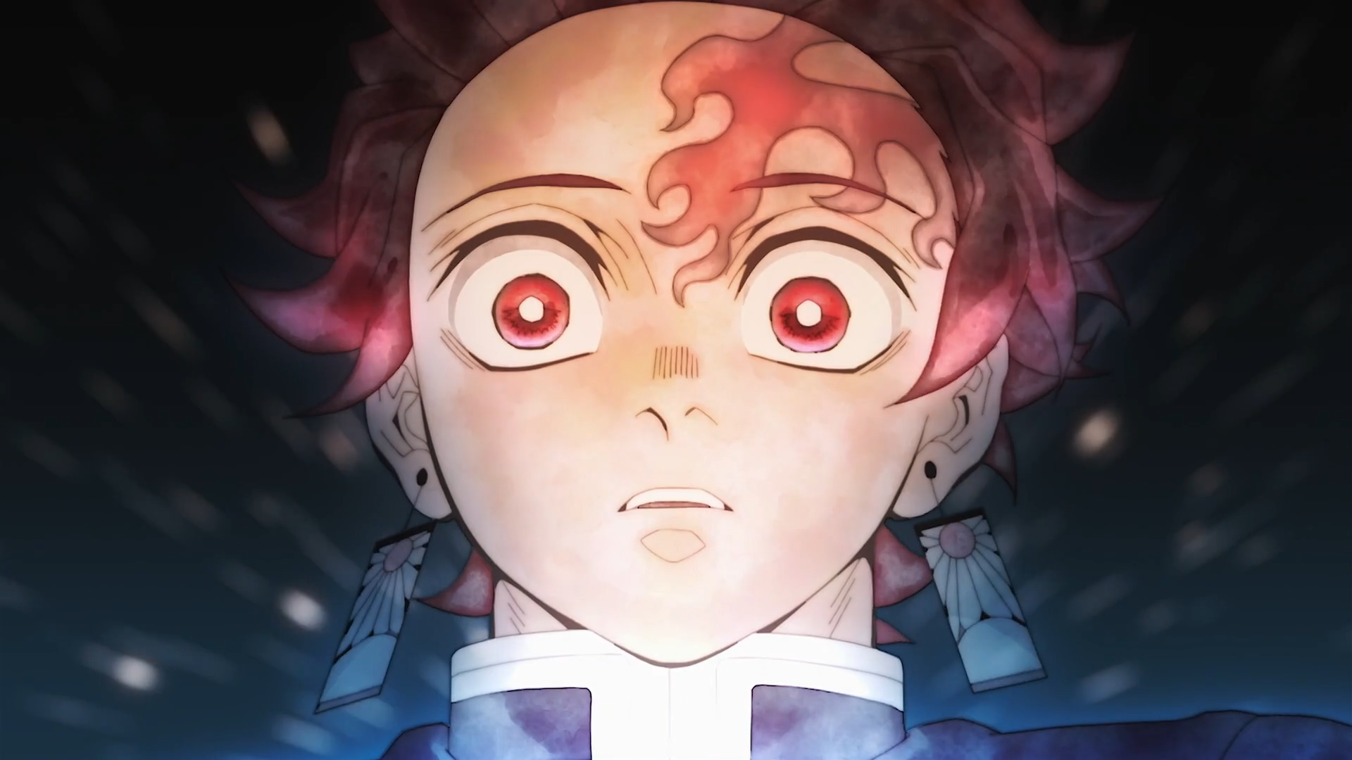 HD PC wallpaper of Tanjiro Kamado (Demon Slayer): close-up, wide-eyed expression, glowing forehead scar, hanafuda earrings, embers drifting against a dark background.