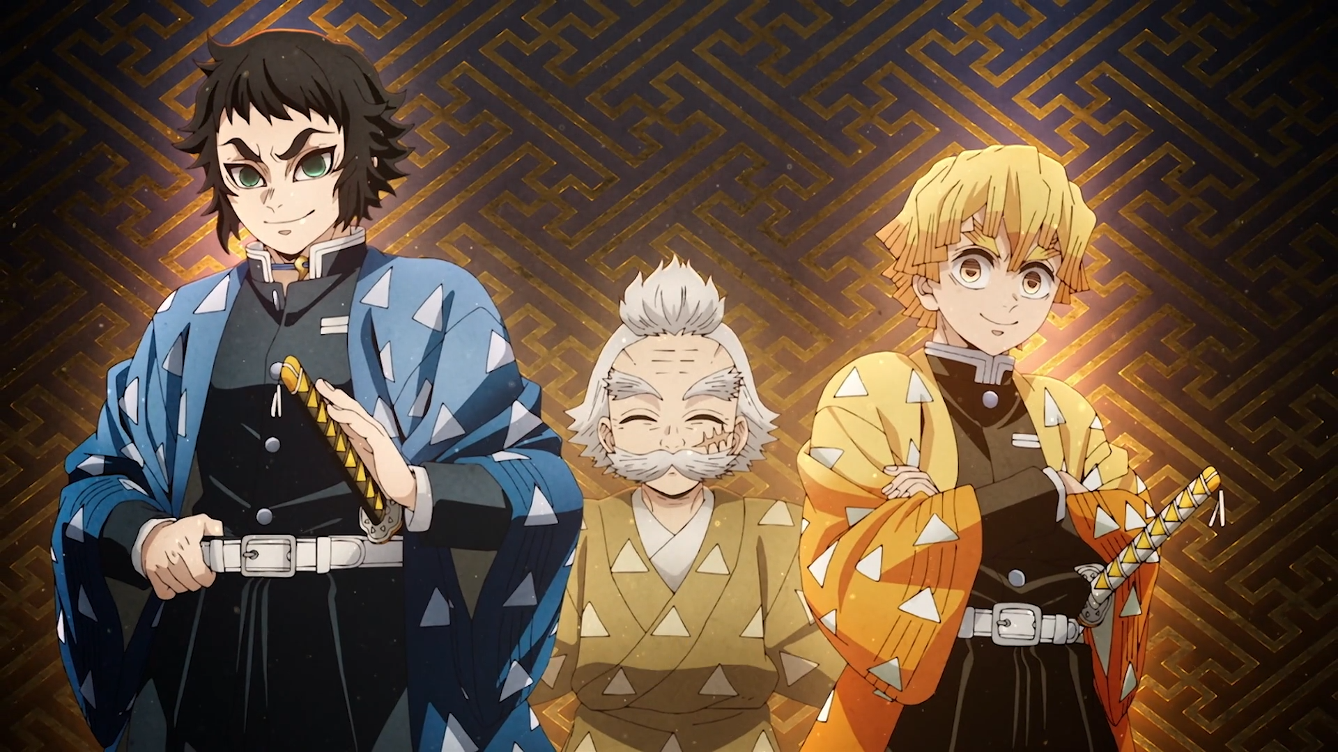 HD anime desktop wallpaper from Demon Slayer: Kimetsu no Yaiba featuring Zenitsu Agatsuma standing with two companions against a warm, gold-patterned background.