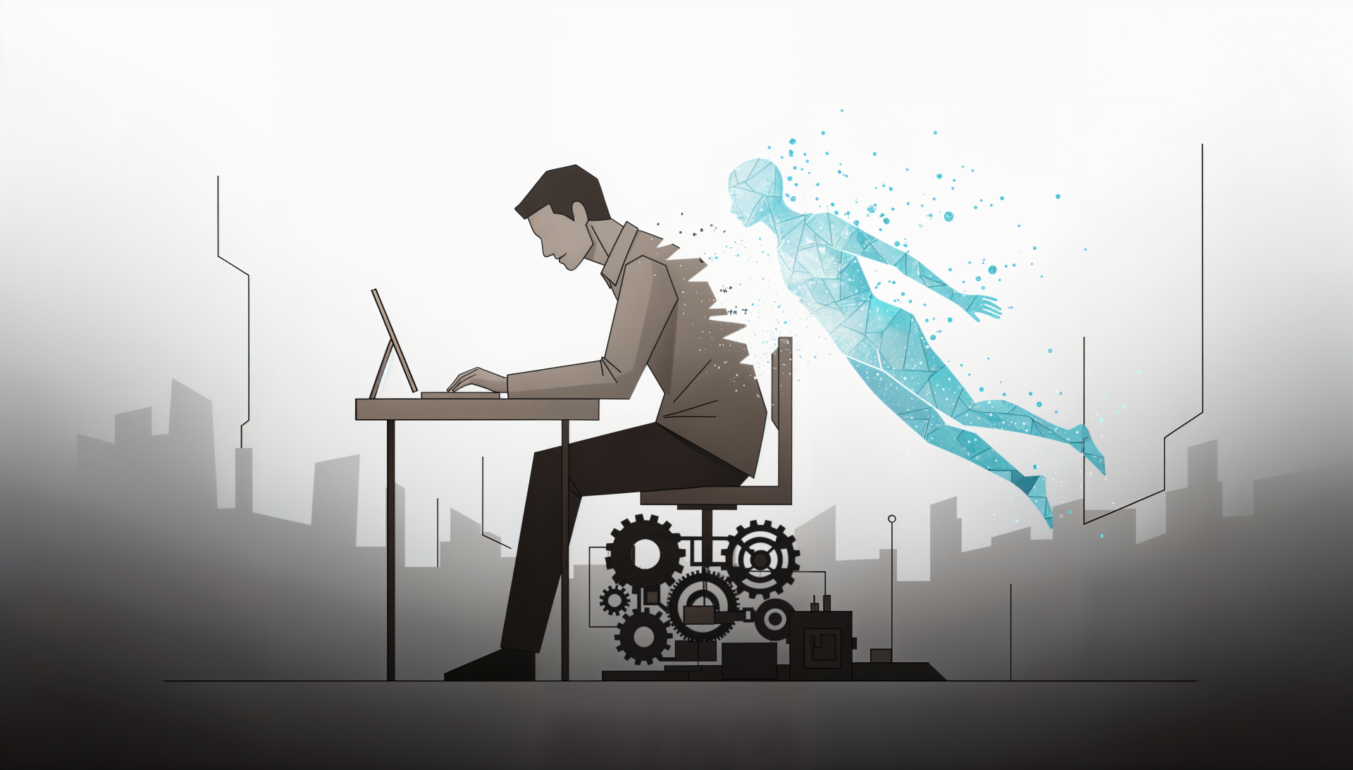 4K Ultra HD PC desktop wallpaper and background: man at a desk typing with gears beneath and a translucent blue digital avatar emerging behind him against a misty city skyline.