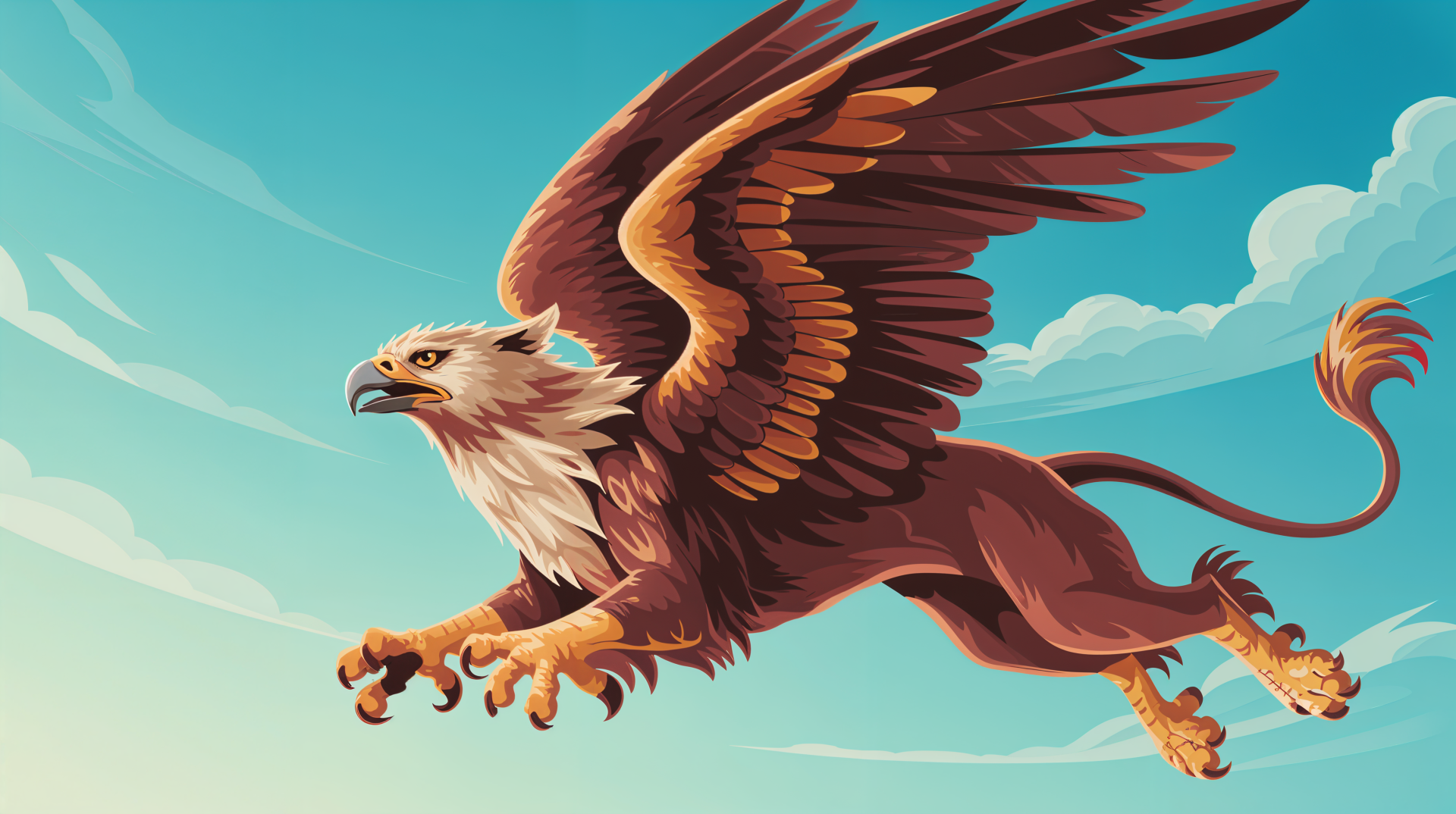 Illustrated griffin soaring across a bright blue sky — vibrant 4K Ultra HD PC desktop wallpaper and background.