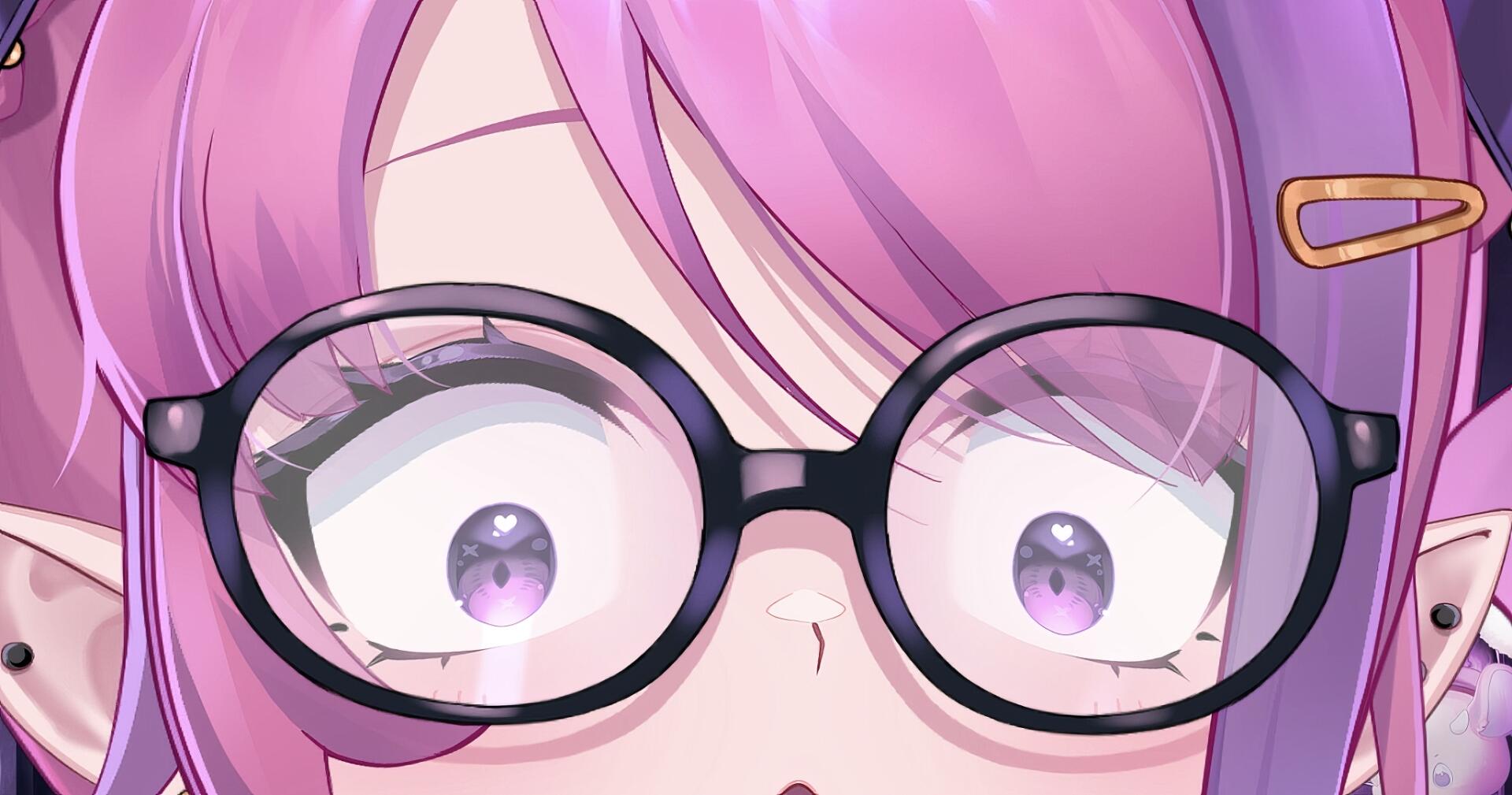 Close-up of Virtual YouTuber Ironmouse with round glasses, purple-pink hair and sparkling violet eyes — HD PC desktop wallpaper background.
