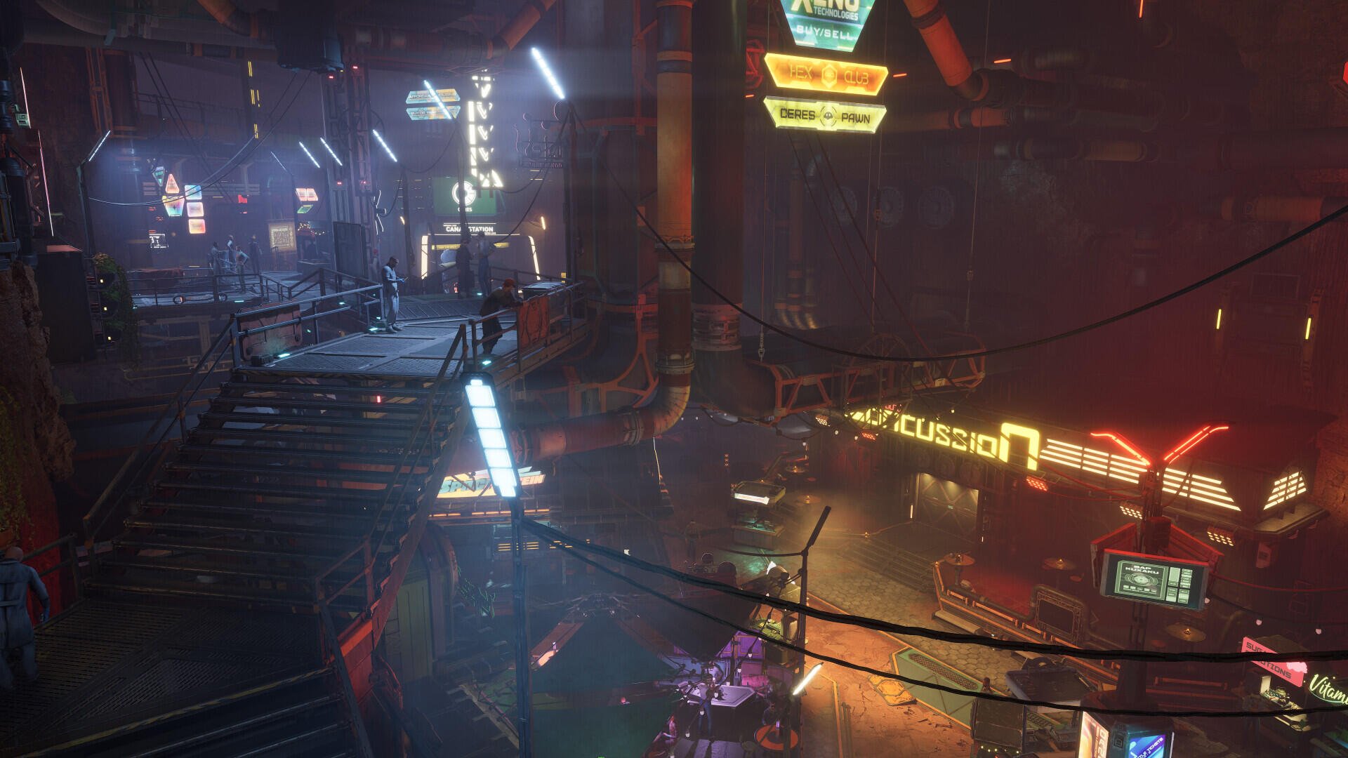 HD PC desktop wallpaper and background from the video game The Expanse: Osiris Reborn — a rainy, neon-lit futuristic city alley with elevated walkways, signage and silhouetted figures.