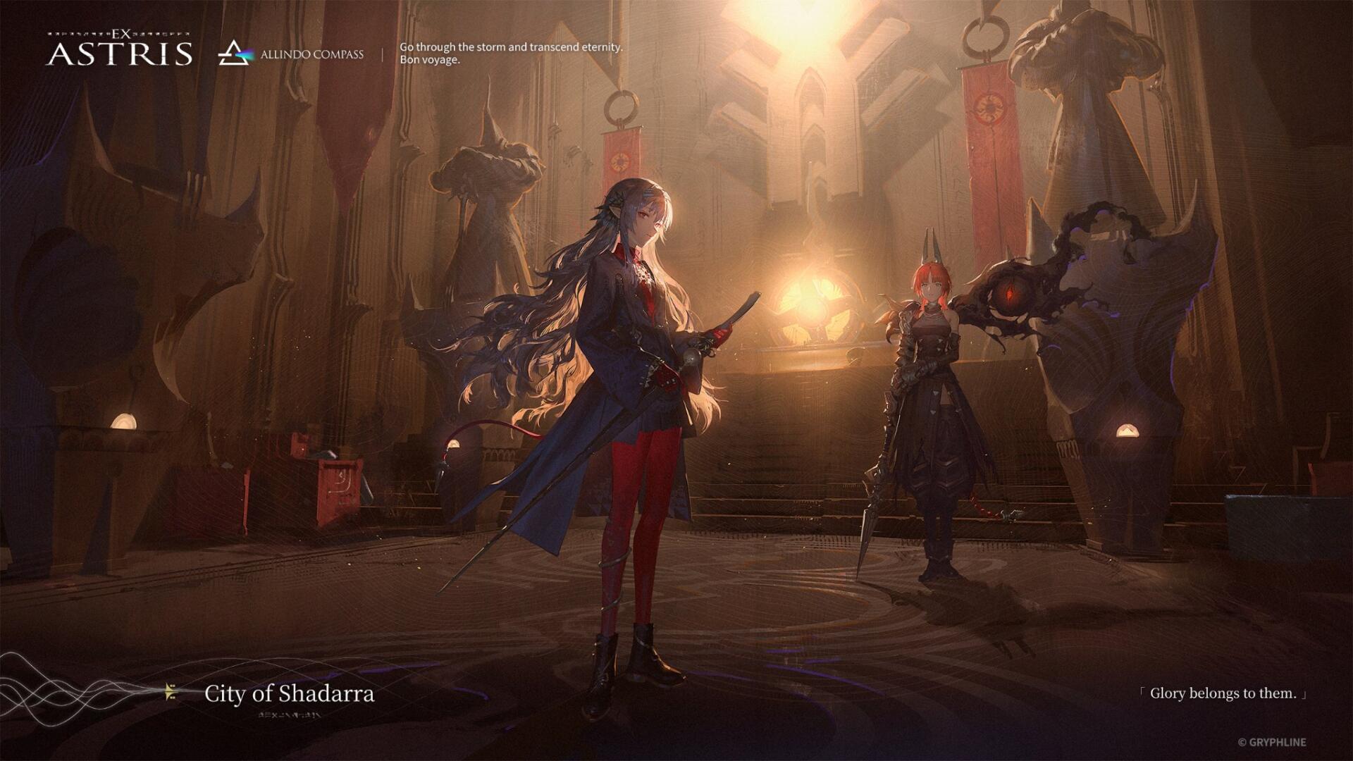 Ex Astris official HD PC desktop wallpaper and background — a cloaked heroine reads a glowing tome in a cathedral-like hall, flanked by armored figures and banners under golden light.