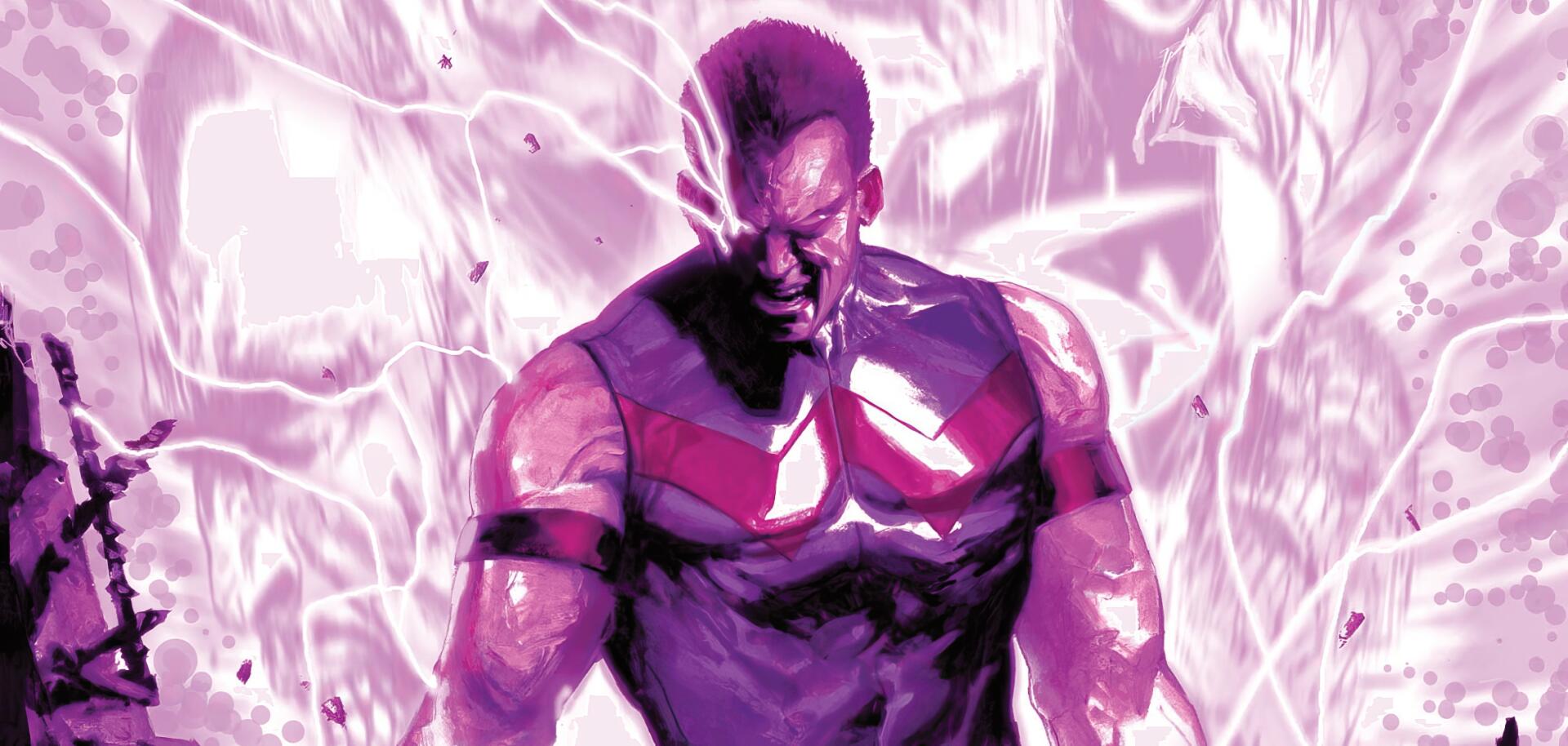 Marvel Comics HD PC wallpaper: Wonder Man in a pink-purple energy aura, fists clenched in rage, muscular hero snarling against a glowing, electric background.