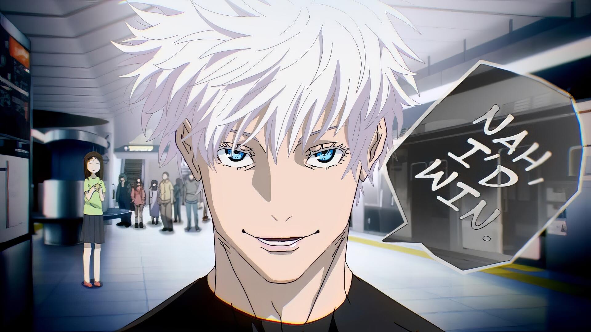 HD PC wallpaper of Satoru Gojo (Jujutsu Kaisen 3rd Season): white-haired, blue-eyed, confident smirk as a glowing aura radiates around him in a subway concourse, anime aura farming background.