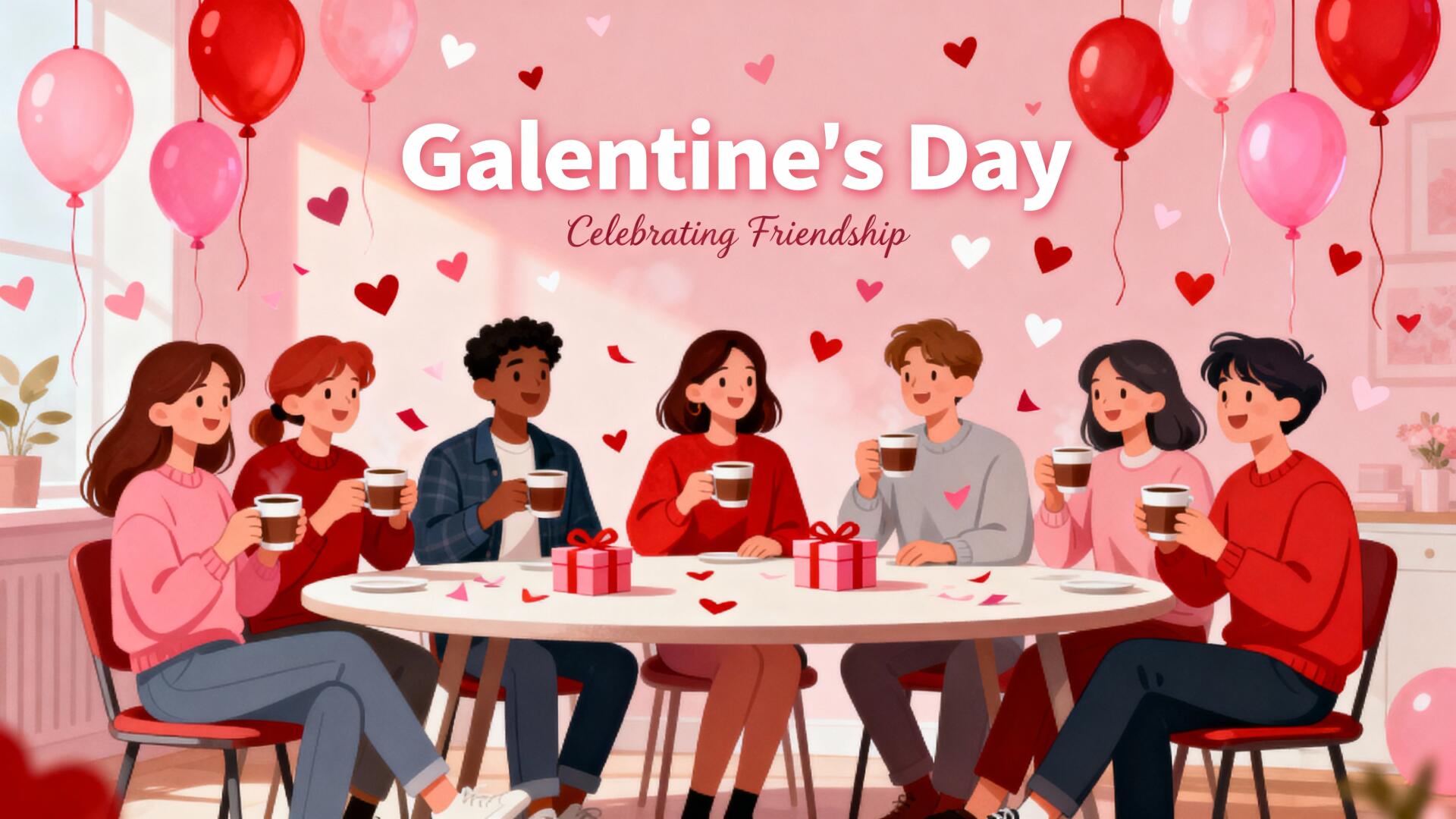 4K Ultra HD PC desktop wallpaper and background: Galentine's Day celebration of friendship — six friends laughing over coffee and gifts at a heart-strewn table under balloons.