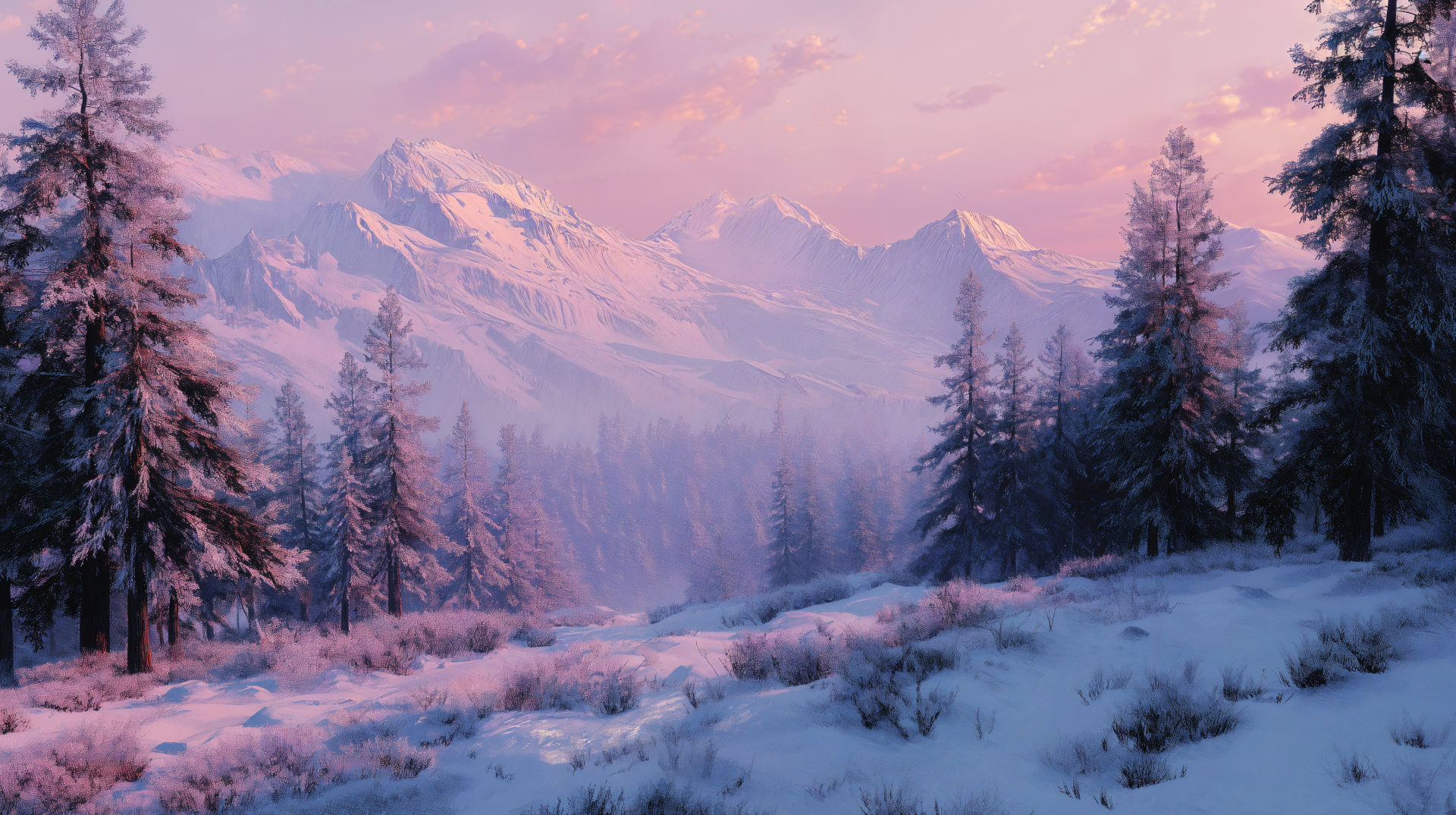 Aesthetic winter 4K Ultra HD PC desktop wallpaper and background: pink dawn over a snowy alpine valley with frosted pines and soft light on distant mountain peaks.