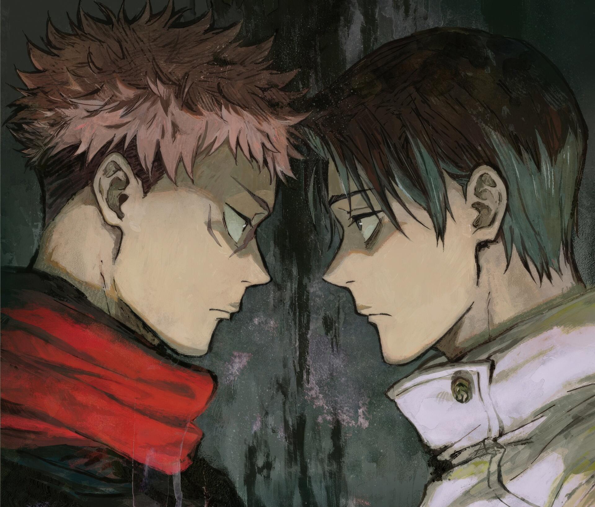 Side-profile standoff of Yuji Itadori and Yuta Okkotsu from Jujutsu Kaisen, gritty close-up with moody lighting — 4K Ultra HD PC desktop wallpaper/background.