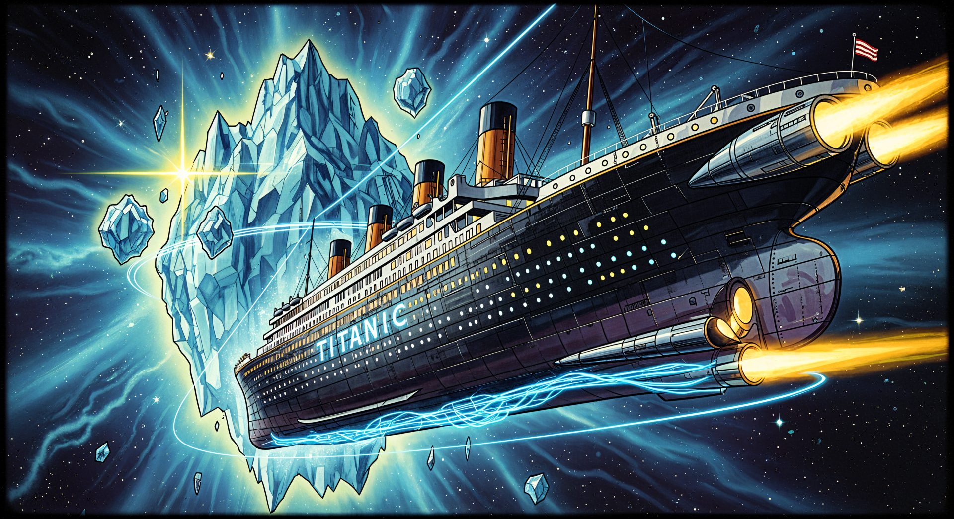 Stylized Titanic surges through cosmic seas toward a glowing iceberg, neon trails and stars — 4K Ultra HD PC desktop wallpaper and background.