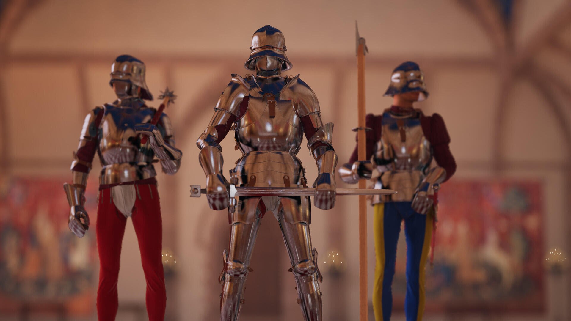 HD PC desktop wallpaper showing three medieval armored warriors from the video game Half Sword (Medieval Games), standing in a vaulted hall with swords and polearms.
