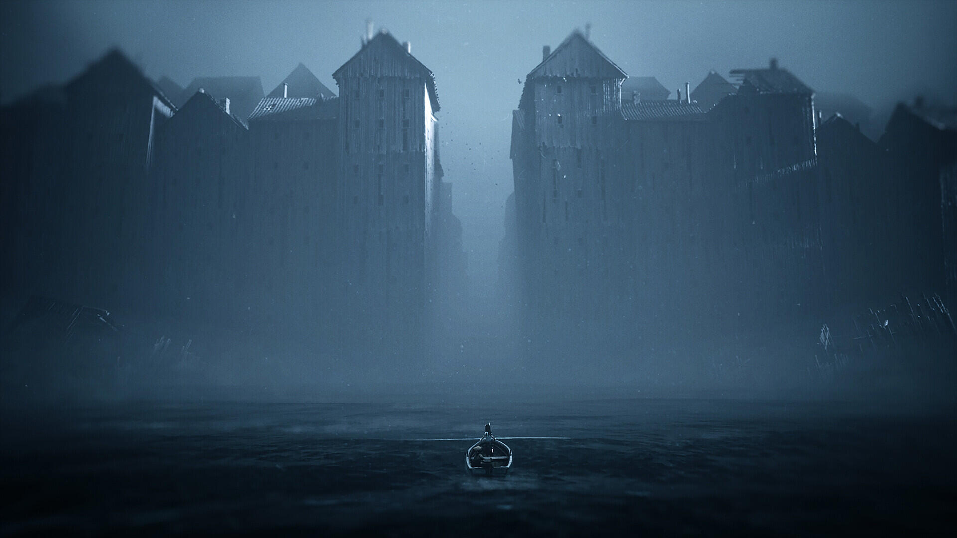 HD PC desktop wallpaper background for horror game Reanimal: lone rowboat crosses a black, misty sea toward towering, monolithic castle walls shrouded in cold blue-gray fog.