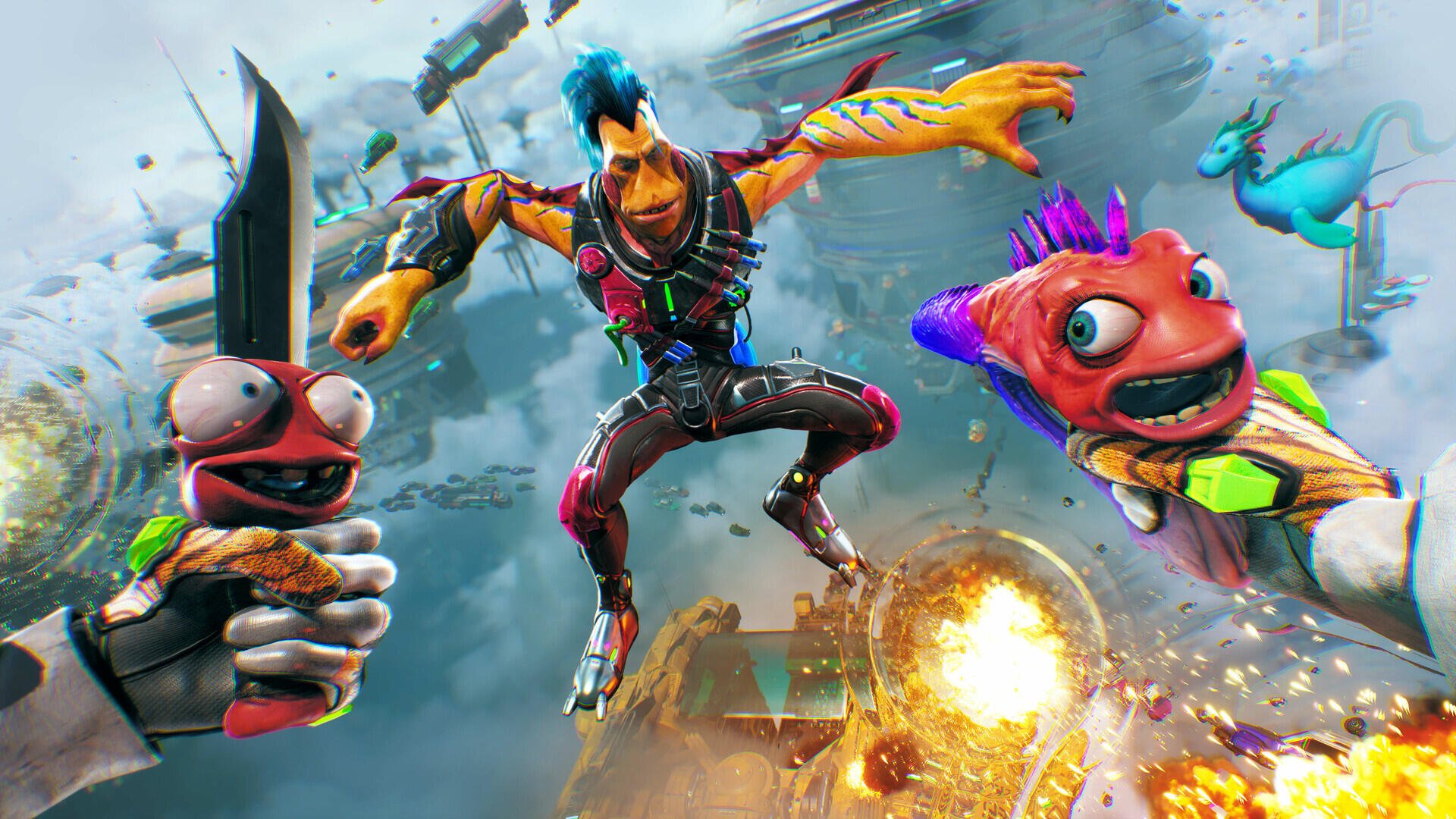 HD PC desktop wallpaper/background for action game High On Life 2: blue‑haired hero leaps amid explosions with two colorful living-gun creatures over a chaotic sci‑fi battlefield.